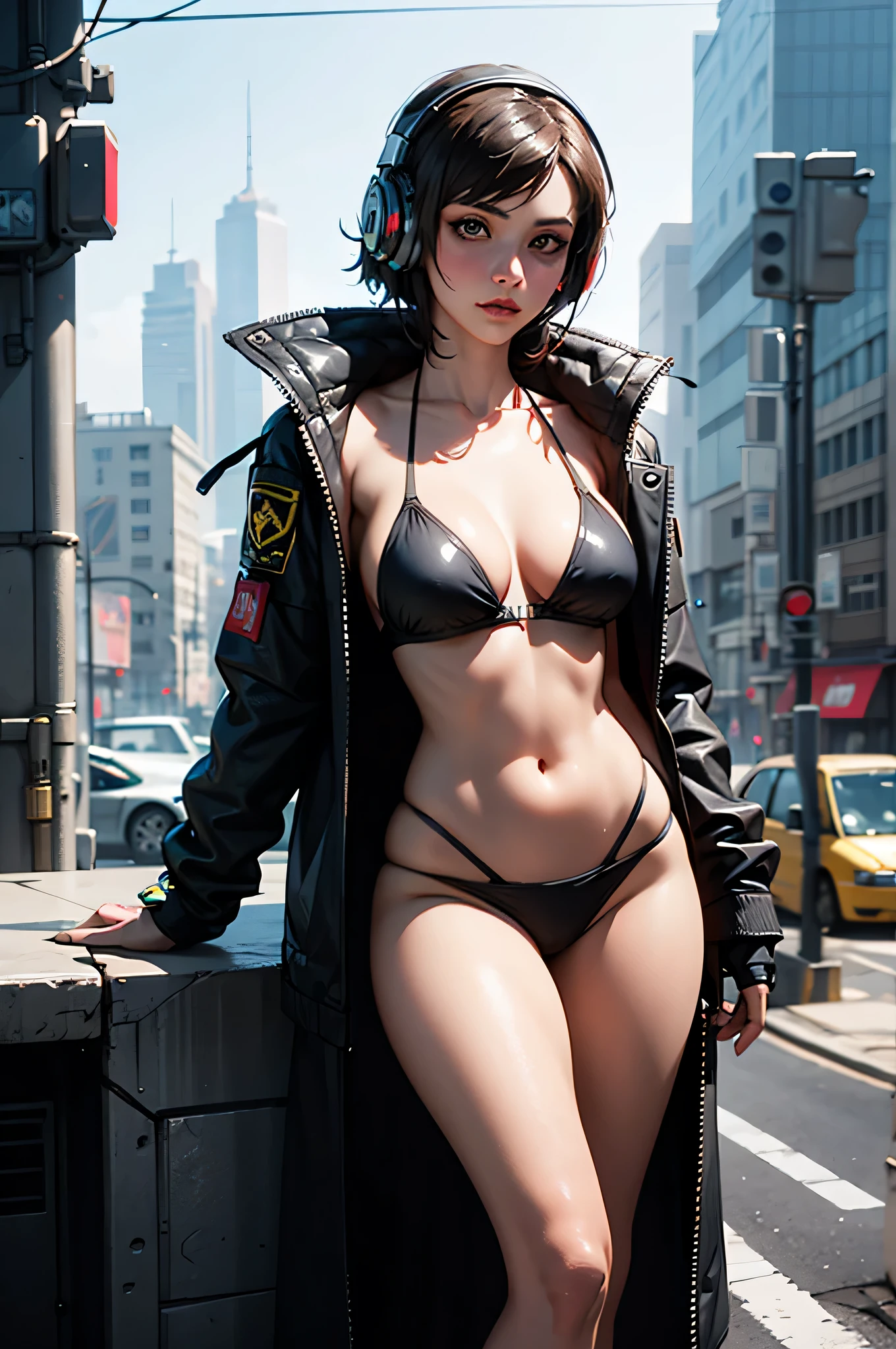 arafed woman in a  and headphones posing for a picture, sci - fi character, cyberpunk 2 0 y. o model girl, sci-fi female, scifi woman, akihiko yoshida. unreal engine, futuristic clothing and helmet, beautiful cyberpunk woman model, photorealistic perfect body, sci fi female character, quiet from metal gear solid, wlop glossy skin
