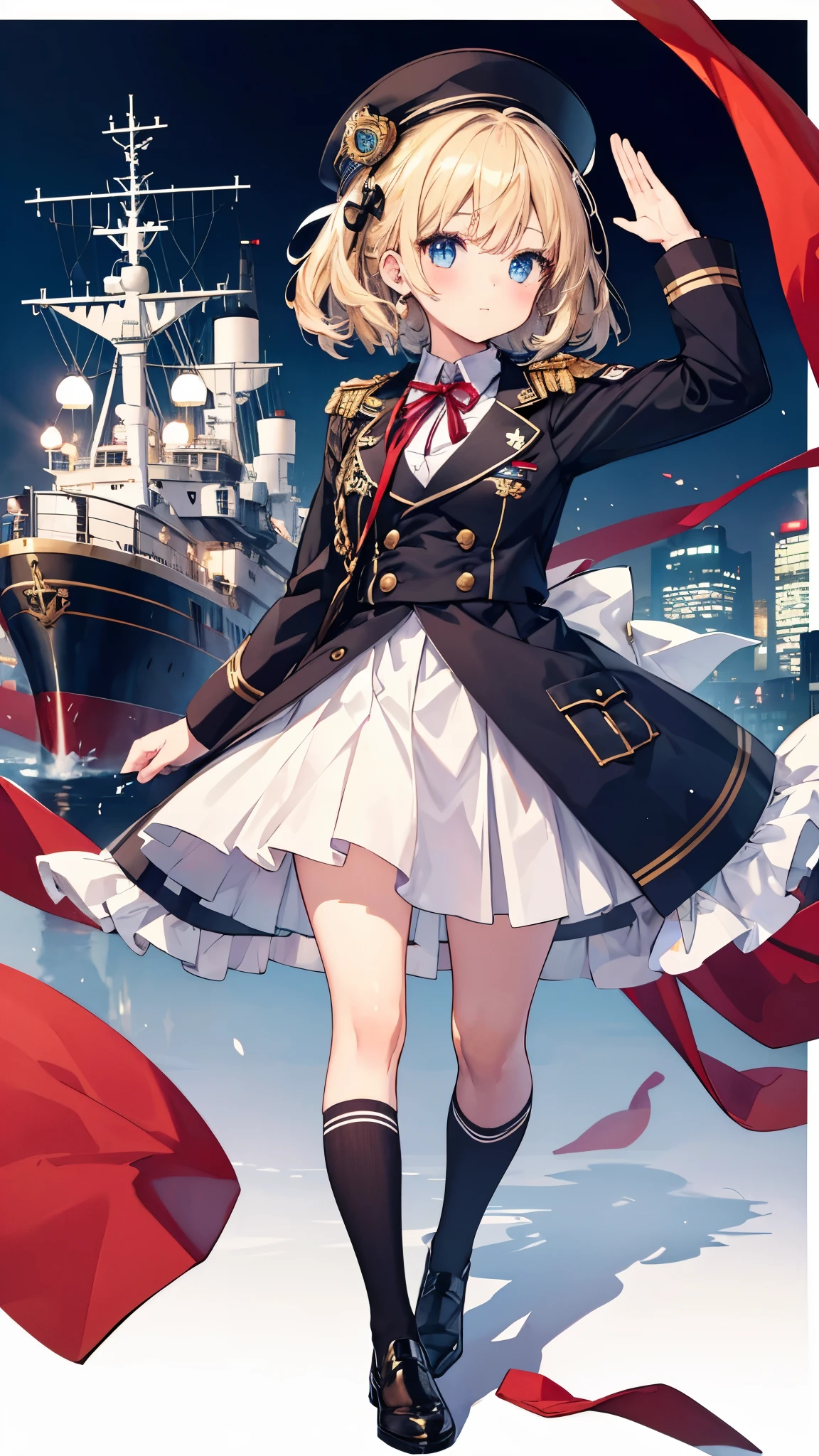 1 girl, (highest quality image quality), watercolor style, whole body, blue ribbon, military uniform and skirt, cute, Salute with one hand, plump cheeks, blonde side tail, light blue eyes, 黒色のmilitary uniform and skirt, military uniform ta, Ship background, [[[[[Cat ear]]]]]