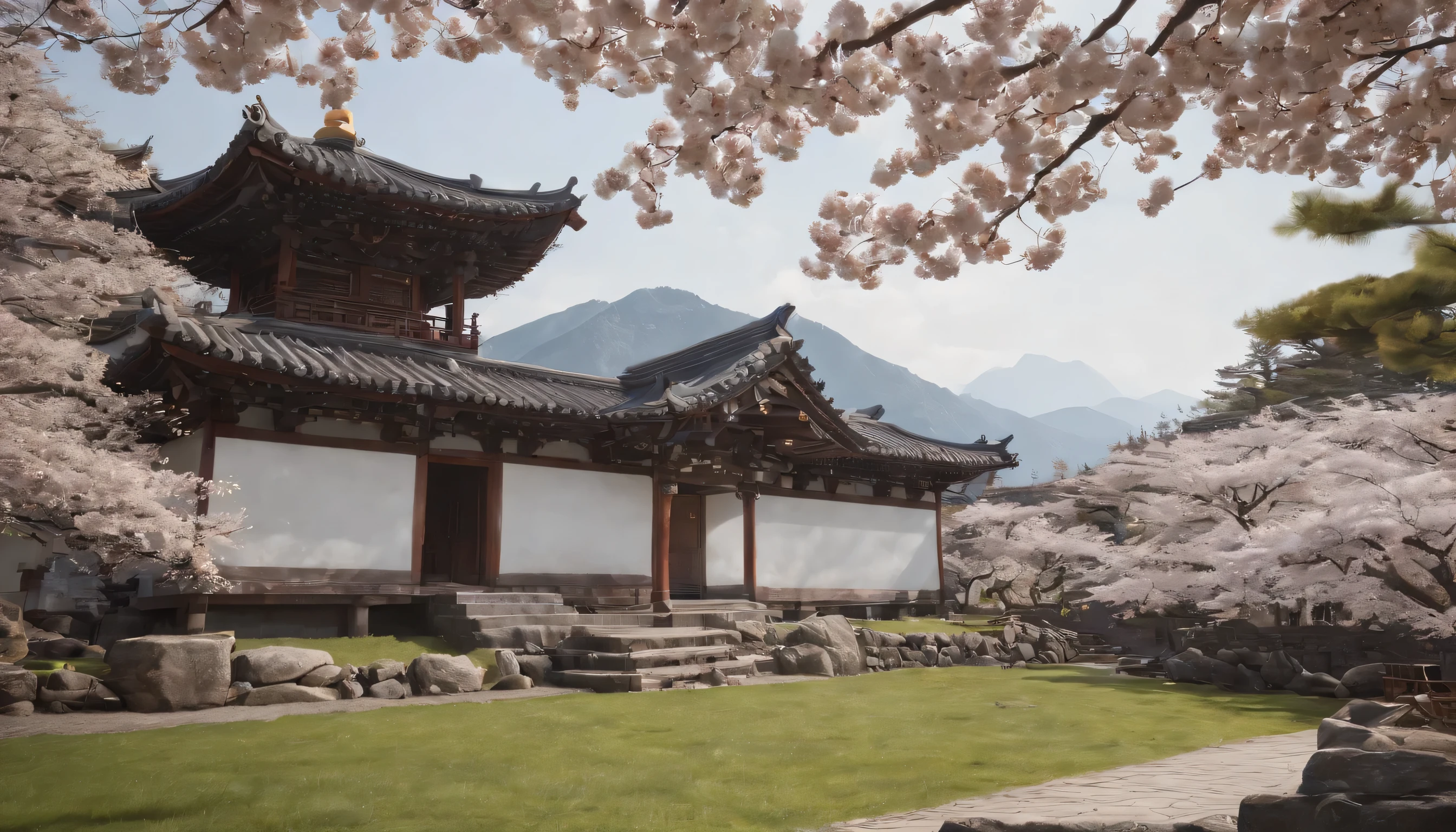 (Highly detailed CG Unity 8k wallpaper、masterpiece、highest quality、Super detailed)、(best lighting、best shadow、very delicate and beautiful)、highest quality、8k、Detailed facial depiction、masterpiece、highest quality、clear image quality、
A landscape where cherry blossoms harmonize with historical buildings such as Maizuru Castle Ruins and Kurama Temple。