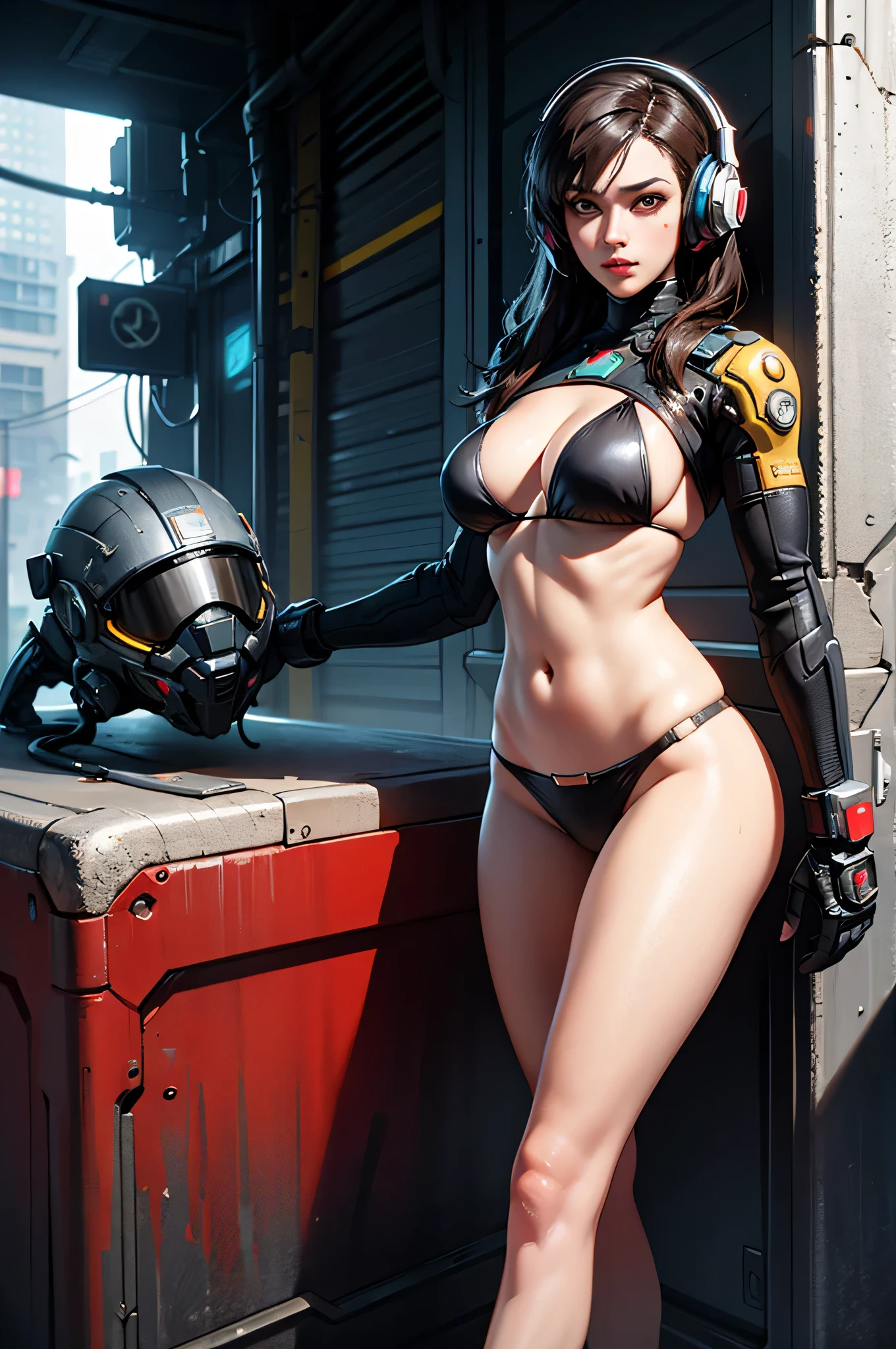 arafed woman in a bikini and headphones posing for a picture, sci - fi character, cyberpunk 2 0 y. o model girl, sci-fi female, scifi woman, akihiko yoshida. unreal engine, futuristic clothing and helmet, beautiful cyberpunk woman model, photorealistic perfect body, sci fi female character, quiet from metal gear solid, wlop glossy skin
