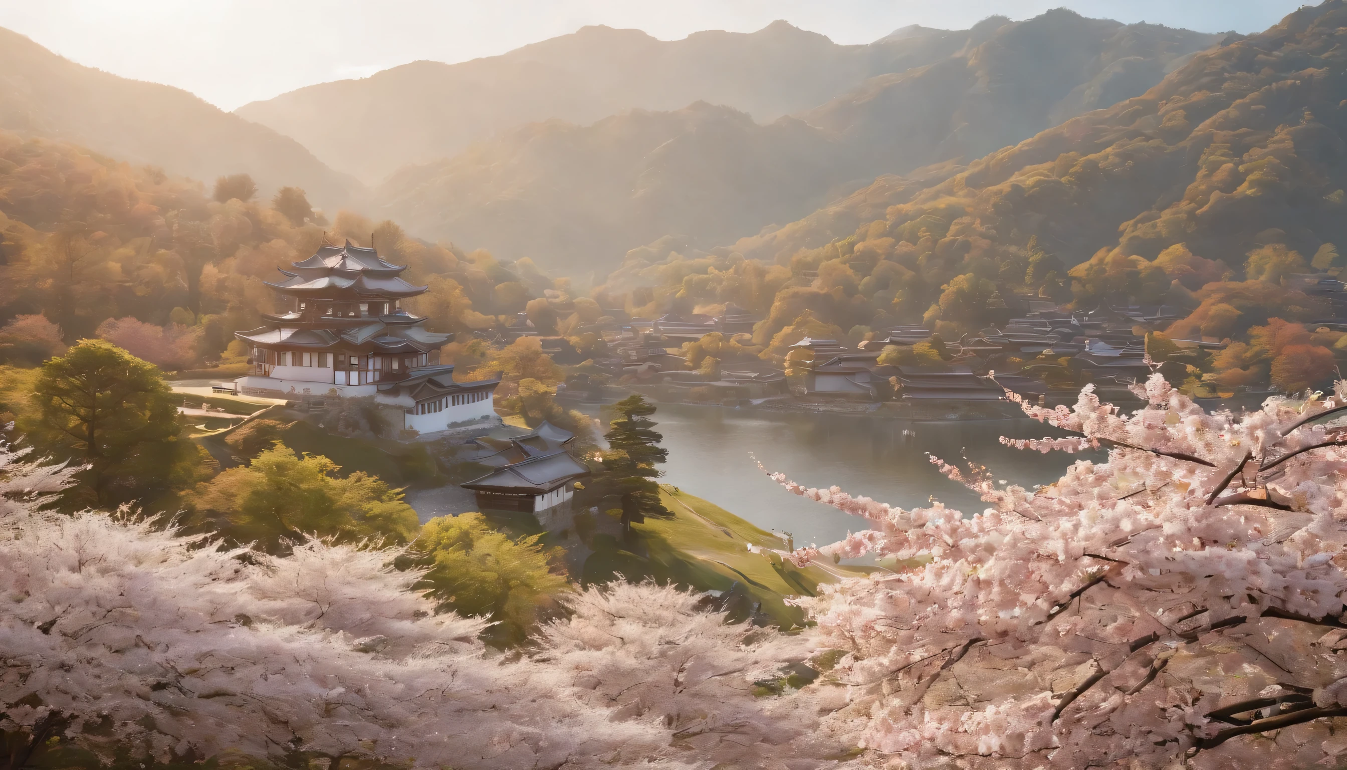(Highly detailed CG Unity 8k wallpaper、masterpiece、highest quality、Super detailed)、(best lighting、best shadow、very delicate and beautiful)、highest quality、8k、Detailed facial depiction、masterpiece、highest quality、clear image quality、
A landscape where cherry blossoms harmonize with historical buildings such as Maizuru Castle Ruins and Kurama Temple。