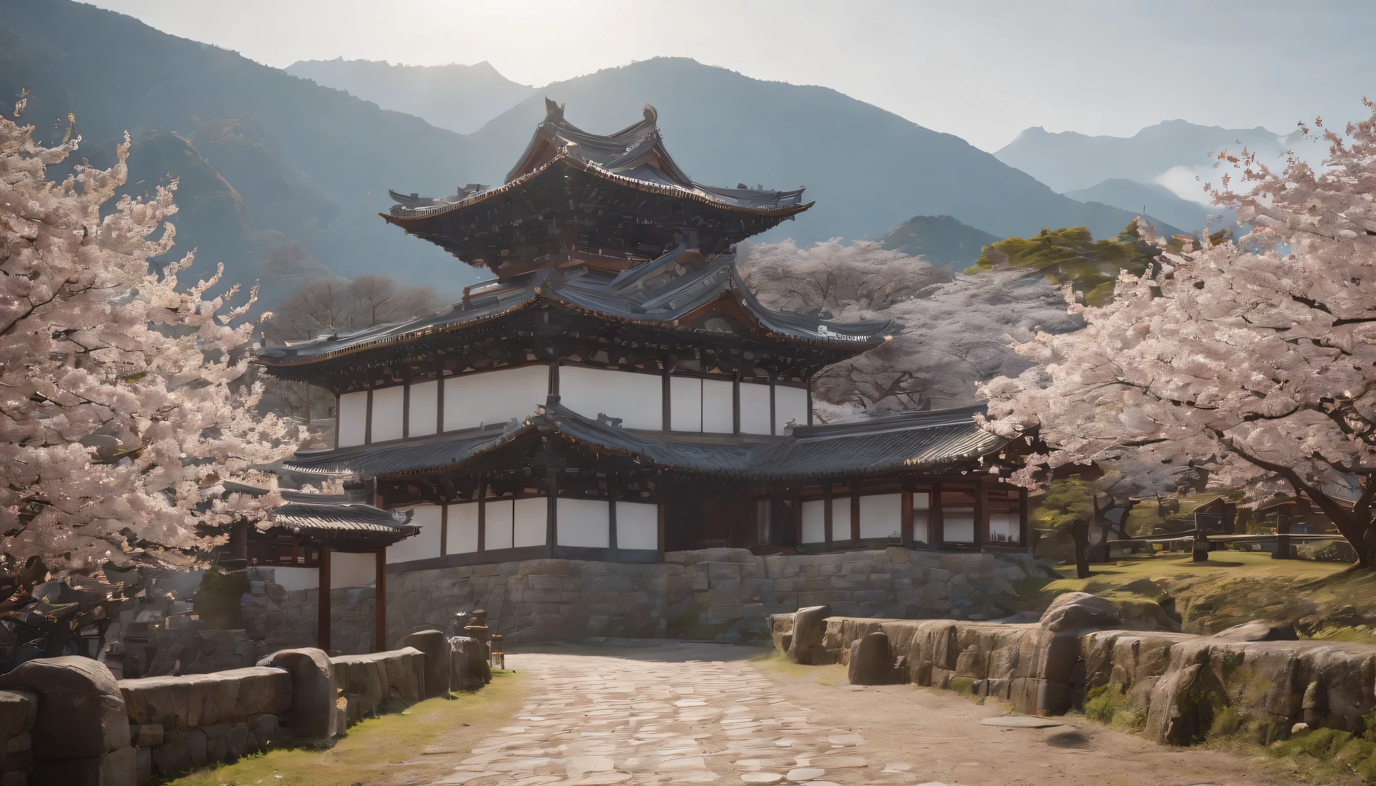 (Highly detailed CG Unity 8k wallpaper、masterpiece、highest quality、Super detailed)、(best lighting、best shadow、very delicate and beautiful)、highest quality、8k、Detailed facial depiction、masterpiece、highest quality、clear image quality、
A landscape where cherry blossoms harmonize with historical buildings such as Maizuru Castle Ruins and Kurama Temple。