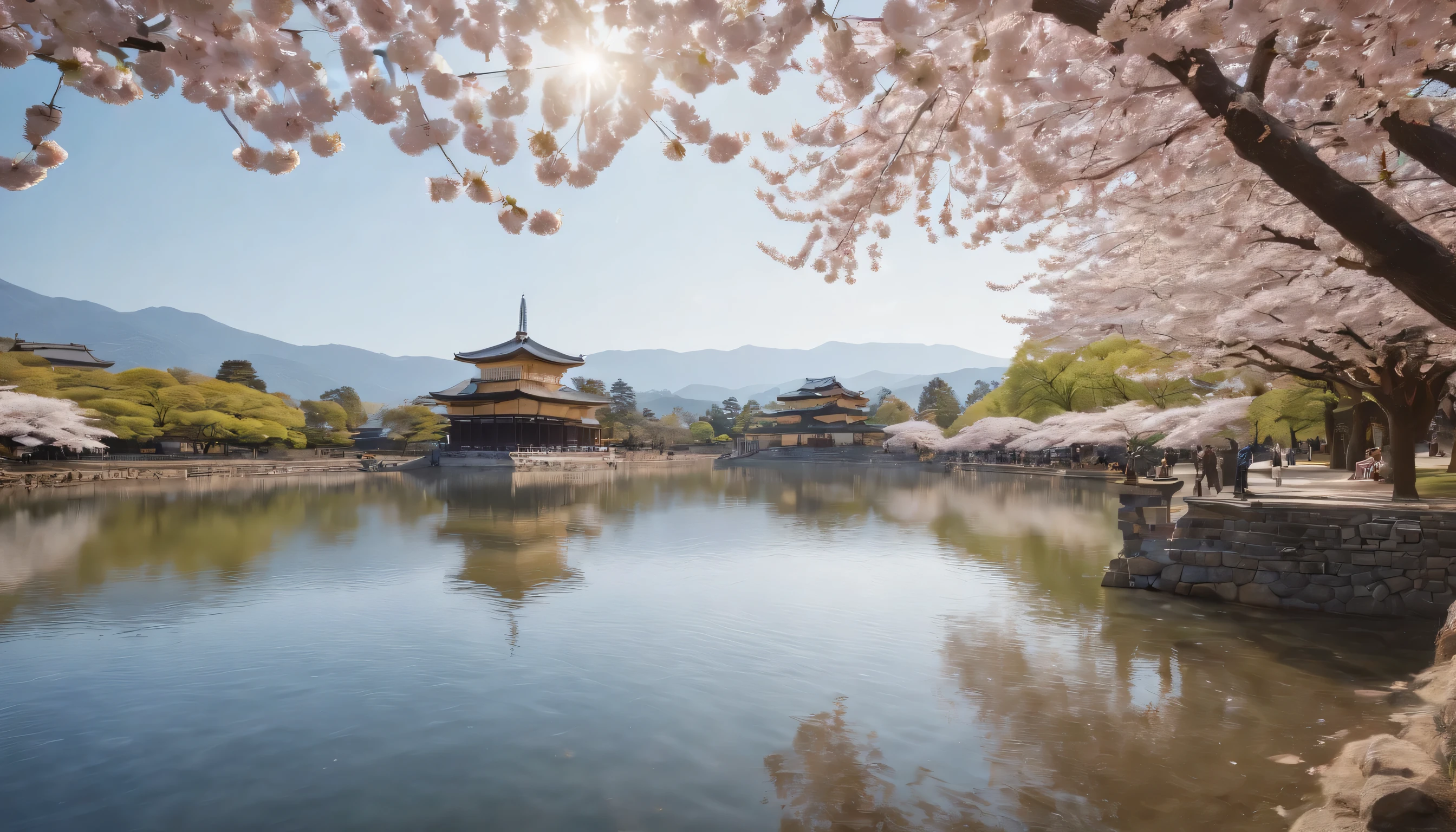(Highly detailed CG Unity 8k wallpaper、masterpiece、highest quality、Super detailed)、(best lighting、best shadow、very delicate and beautiful)、highest quality、8k、Detailed facial depiction、masterpiece、highest quality、clear image quality、
The elegant scenery created by the rows of cherry blossom trees at Nijo Castle and the Kyoto Imperial Palace。