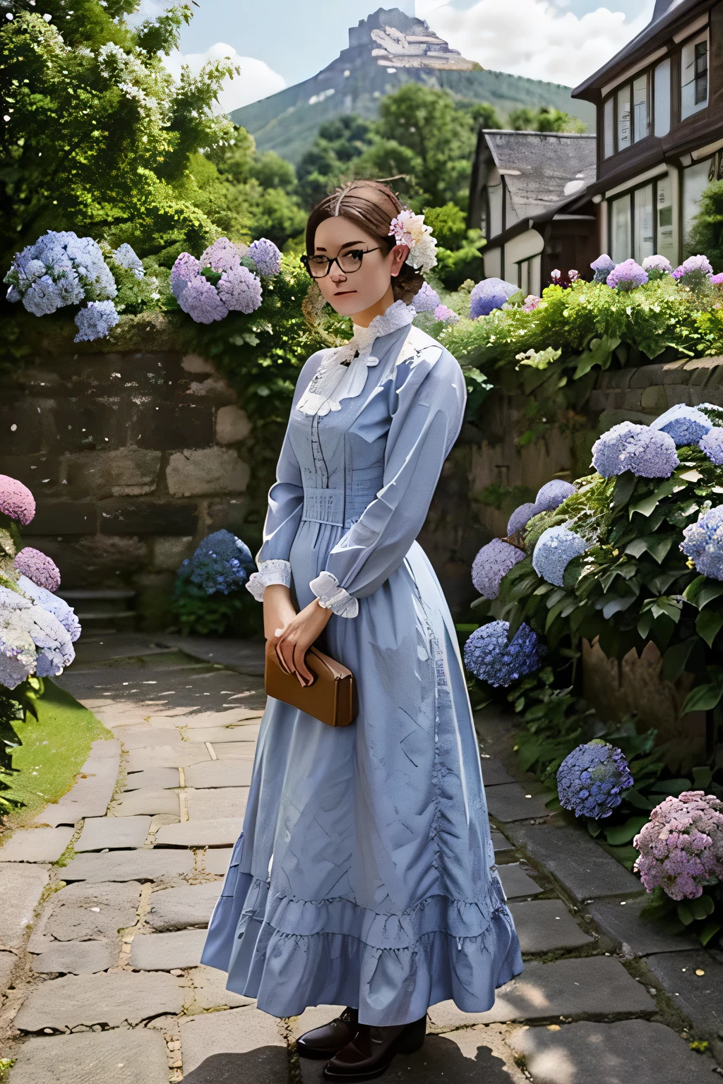 Beautiful lady in a Victorian dress with eyeglasses, wearing spectacles appropriate for the era. She is in a Victorian garden with many blooming hydrangea flowers on a cobblestone alley, and in the distant background, there are woods and mountains