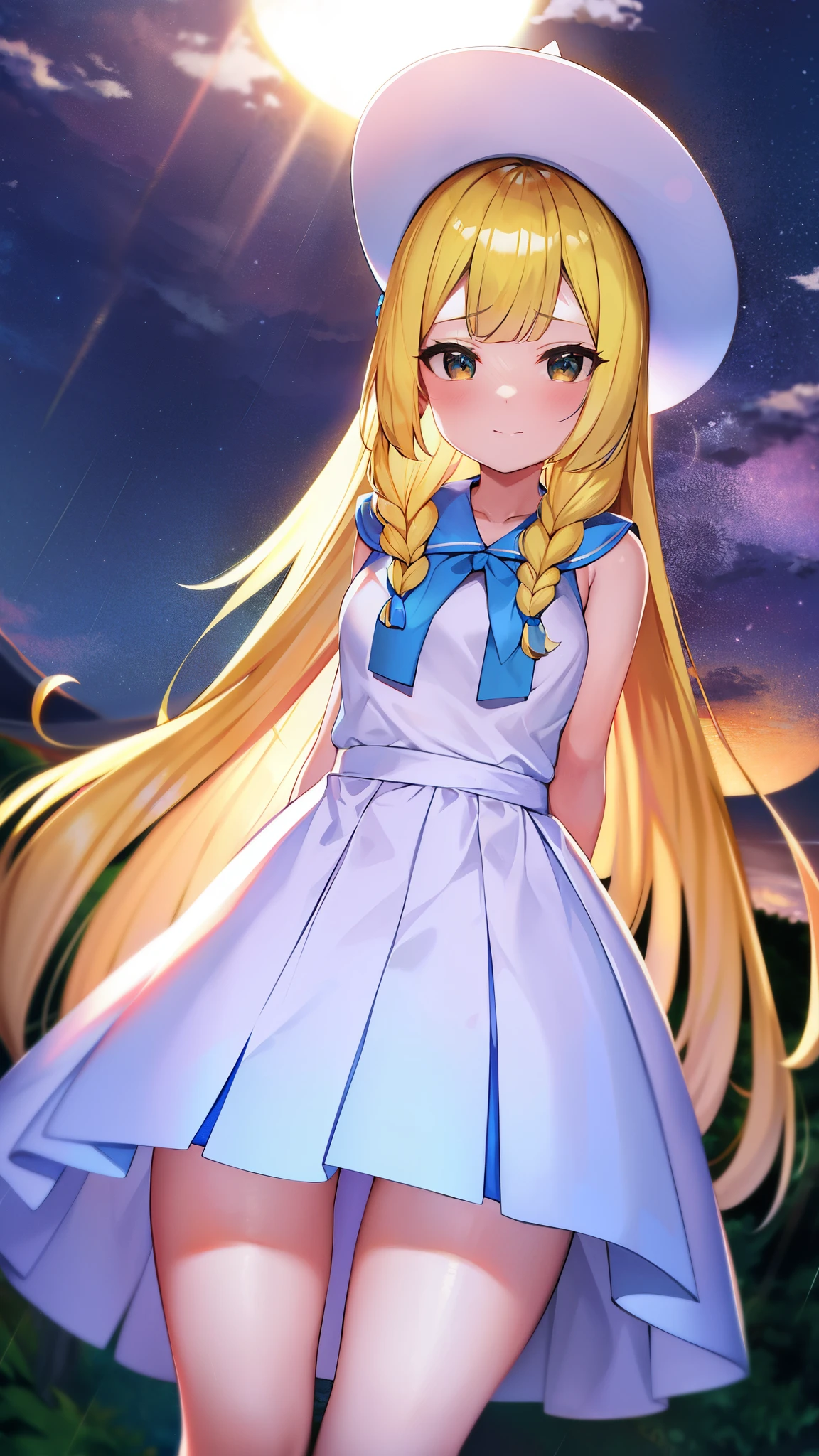 Pokémon、solo、1 person、sunset、Tropical Alola region、Lillie、Snow-white skin and long pale blonde hair、White princess-line sleeveless dress and white wide-brimmed hat、french braid、high ponytail、blue mini skirt、blue pleated skirt、sailor color、shirt、short sleeve、blue skirt、白いshirt、white skirt「Lady」、blonde girl、Pippi Ningyoya Cosmetics、orthodox heroine、Lily flower、Escape from the rain and take shelter together in a cave、Lillieは月の象徴で、Hau is the image of the sun。Lillieが月ではなく、I will become a shining sun」、pacifist、Directional tone deafness、