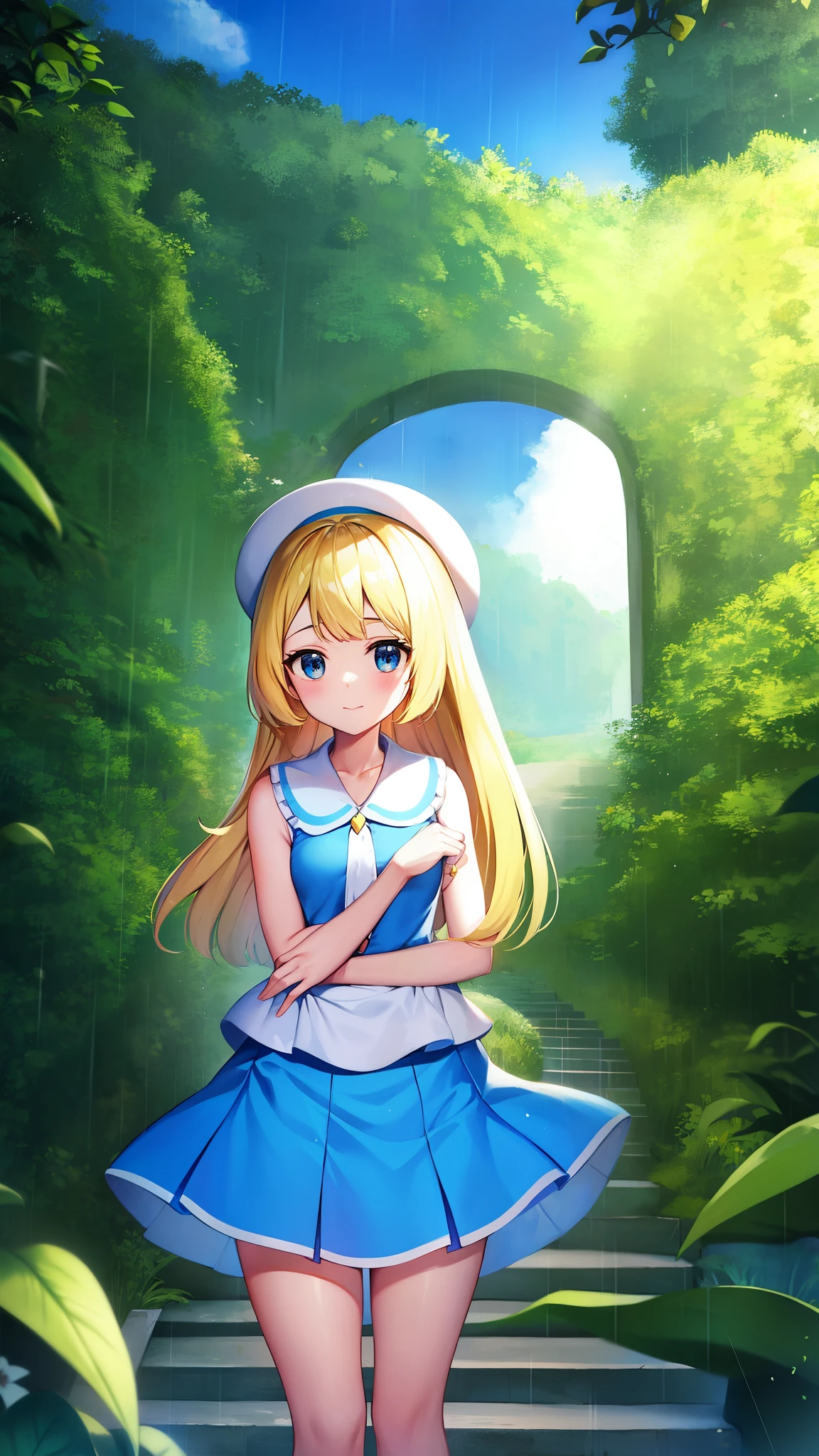 Pokémon、solo、1 person、sunset、Tropical Alola region、Lillie、Snow-white skin and long pale blonde hair、White princess-line sleeveless dress and white wide-brimmed hat、french braid、high ponytail、blue mini skirt、blue pleated skirt、sailor color、shirt、short sleeve、blue skirt、白いshirt、white skirt「Lady」、blonde girl、Pippi Ningyoya Cosmetics、orthodox heroine、Lily flower、Escape from the rain and take shelter together in a cave、Lillieは月の象徴で、Hau is the image of the sun。Lillieが月ではなく、I will become a shining sun」、pacifist、Directional tone deafness、