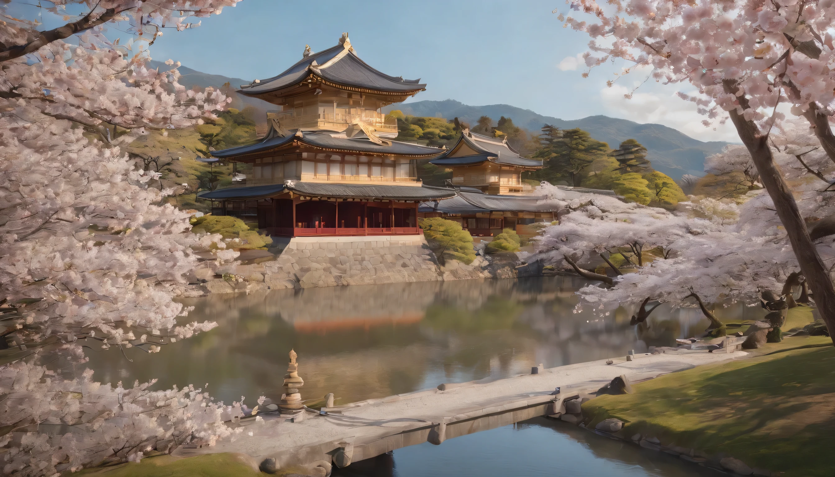 (Highly detailed CG Unity 8k wallpaper、masterpiece、highest quality、Super detailed)、(best lighting、best shadow、very delicate and beautiful)、highest quality、8k、Detailed facial depiction、masterpiece、highest quality、clear image quality、
The elegant scenery created by the rows of cherry blossom trees at Nijo Castle and the Kyoto Imperial Palace。