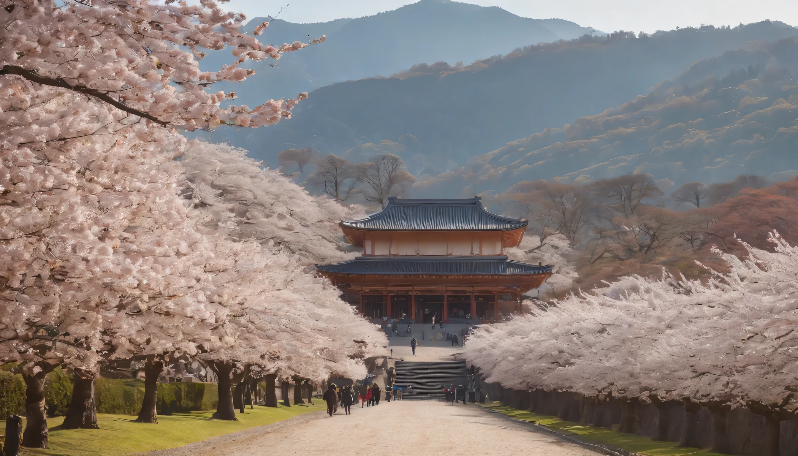 (Highly detailed CG Unity 8k wallpaper、masterpiece、highest quality、Super detailed)、(best lighting、best shadow、very delicate and beautiful)、highest quality、8k、Detailed facial depiction、masterpiece、highest quality、clear image quality、
The elegant scenery created by the rows of cherry blossom trees at Nijo Castle and the Kyoto Imperial Palace。