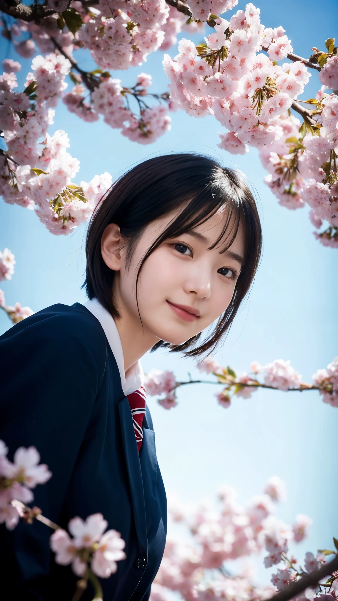 (highest quality,masterpiece:1.3,ultra high resolution),(Super detailed,caustics,8k),(photorealistic:1.4,RAW shooting),1 girl,(smile),(looking down at the camera),18-year-old,cute,Japanese,black hair short cut,(school uniform),glamorous,(big ),(face focus),street,cherry blossoms,(cherry blossoms吹雪),blue sky,sun,Natural light,(Lens flare),professional writing,(bust up shot),(Tilt composition:1.3),(low position:1.4),(Low - Angle:1.4)