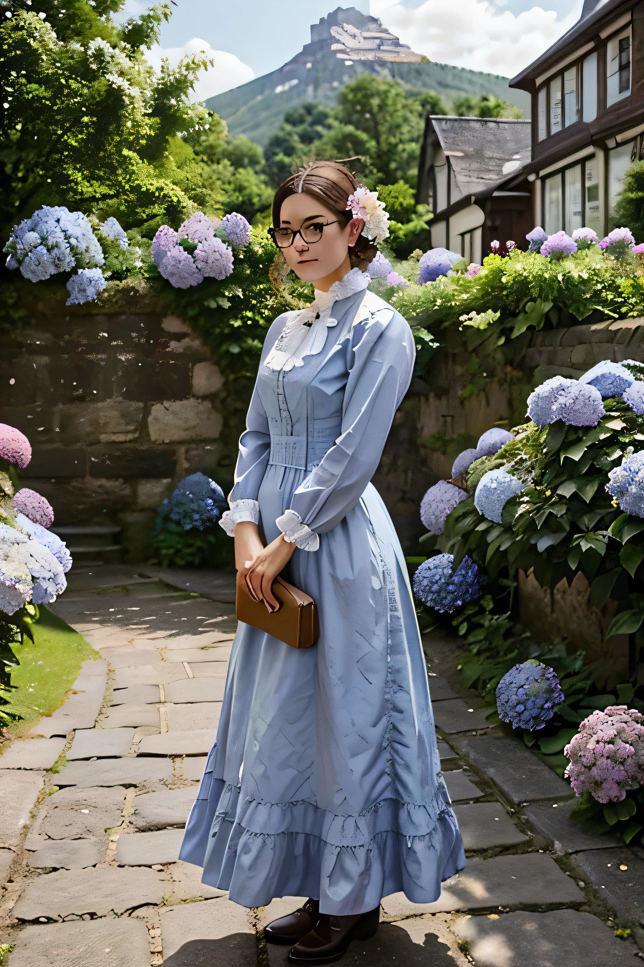 Beautiful lady in a Victorian dress with eyeglasses, wearing spectacles appropriate for the era. She is in a Victorian garden with many blooming hydrangea flowers on a cobblestone alley, and in the distant background, there are woods and mountains
