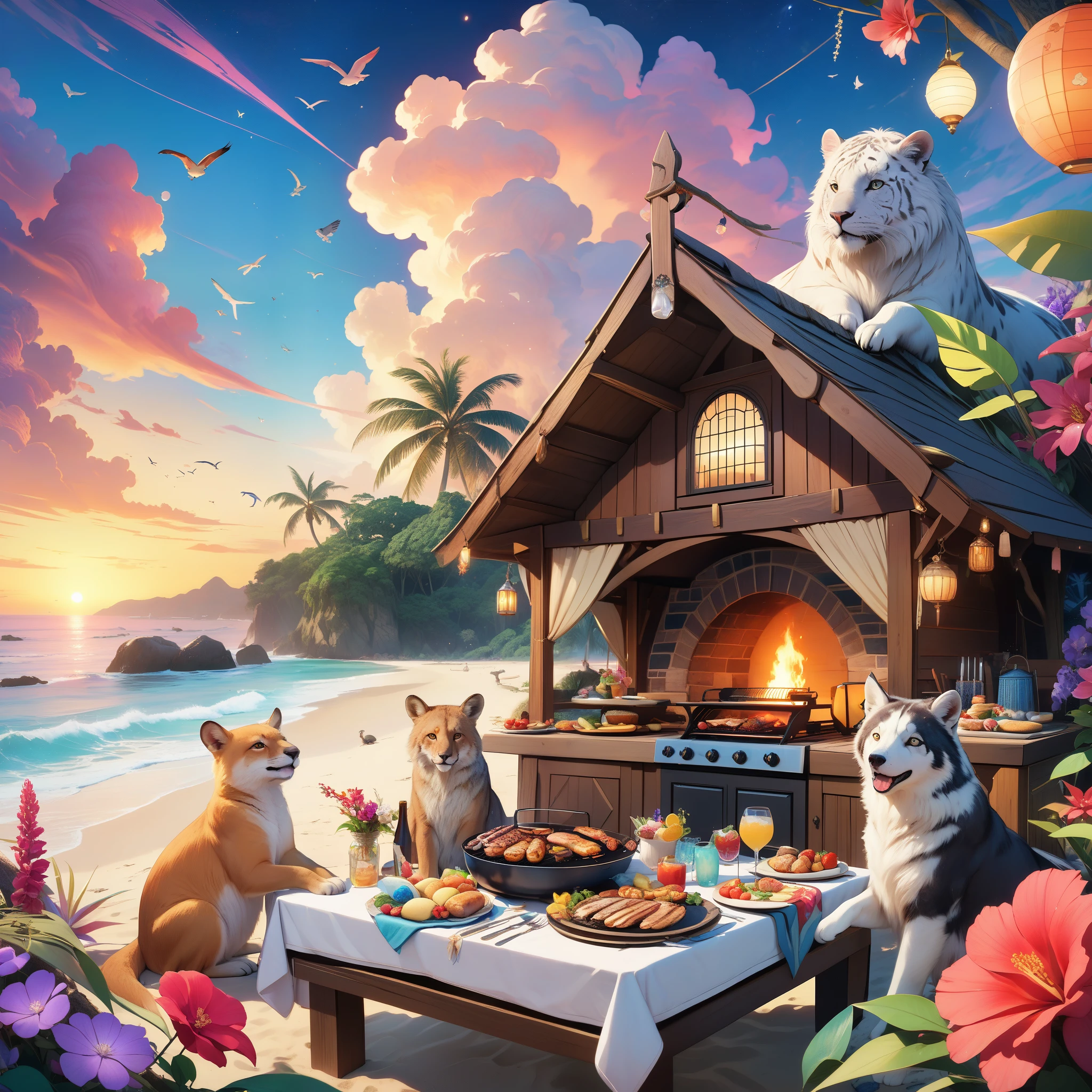 beautiful, aesthetic, 8k artistic photography, intricate details, masterpiece, best quality, magical beach where animals gather for a barbecue party. Illustrate a group of animals, each with unique personalities, enjoying a delightful barbecue amidst vibrant flowers and mystical surroundings. Infuse the scene with a sense of charm fantasy