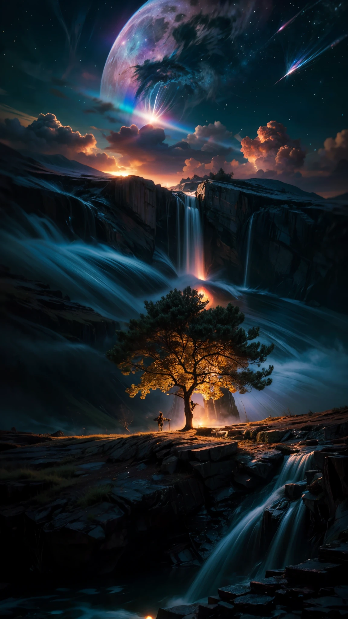 vast landscape photography, (seen from below, the sky is above、The fields are below), A girl standing in a flower field and looking up, (full moon: 1.2), (meteor: 0.9), (nebula: 1.3), distant mountain々 , tree break craft art, (warm light: 1.2), (firefly: 1.2), light, lots of purple and orange, intricate details, volume lighting, Realism BREAK (masterpiece: 1.2), (highest quality), 4k, Super detailed, (dynamic composition: 1.4), very detailed, colorful details, (Rainbow-colored: 1.2), (glow lighting, atmosphere lighting), dream-like, magic, (alone: 1.2)