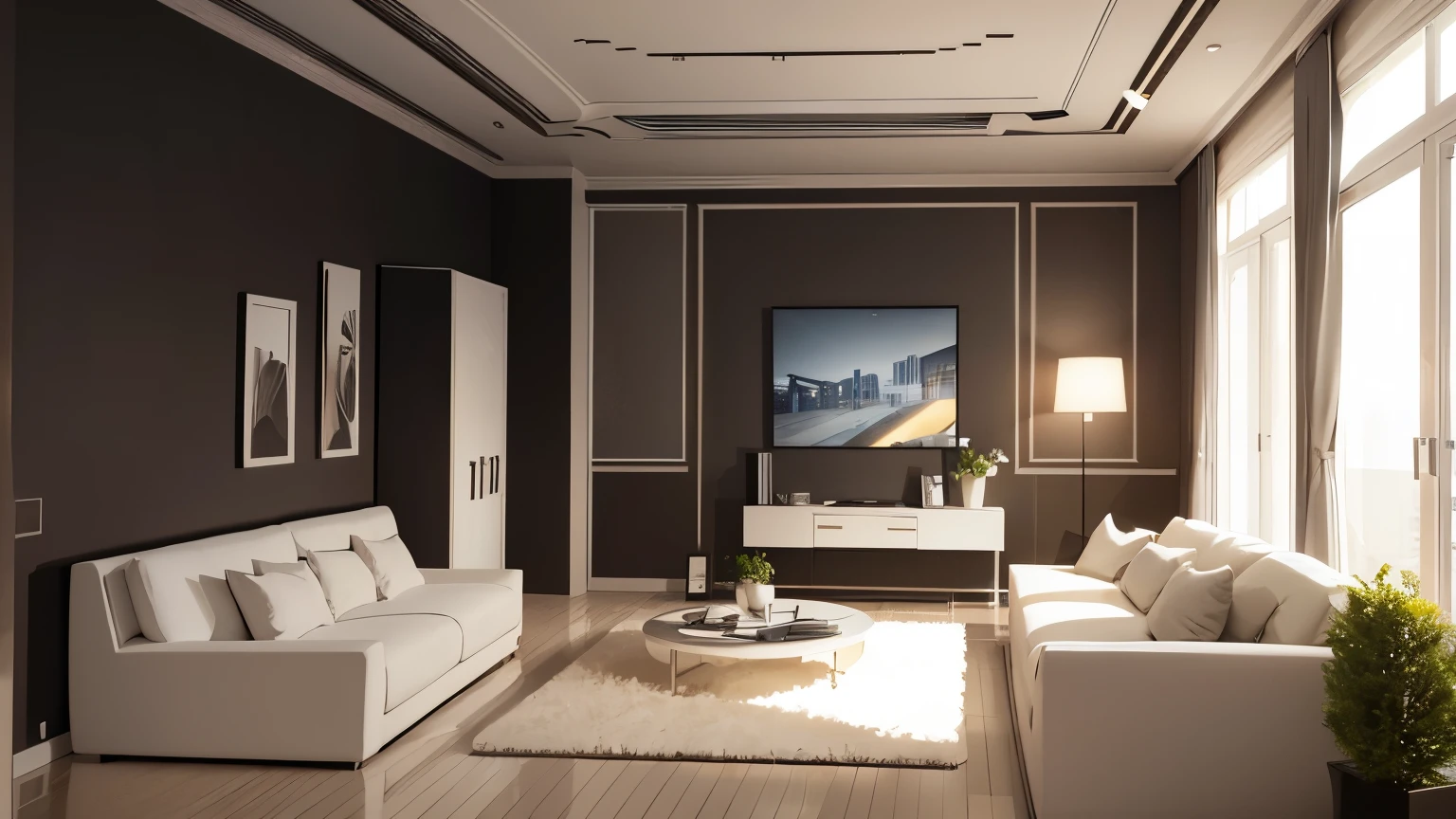 you are a famous interior designer、I was asked to create a 3D image of a large modern room.。. Create a harmonious environment with modern and minimalist furniture. Including garden interior.