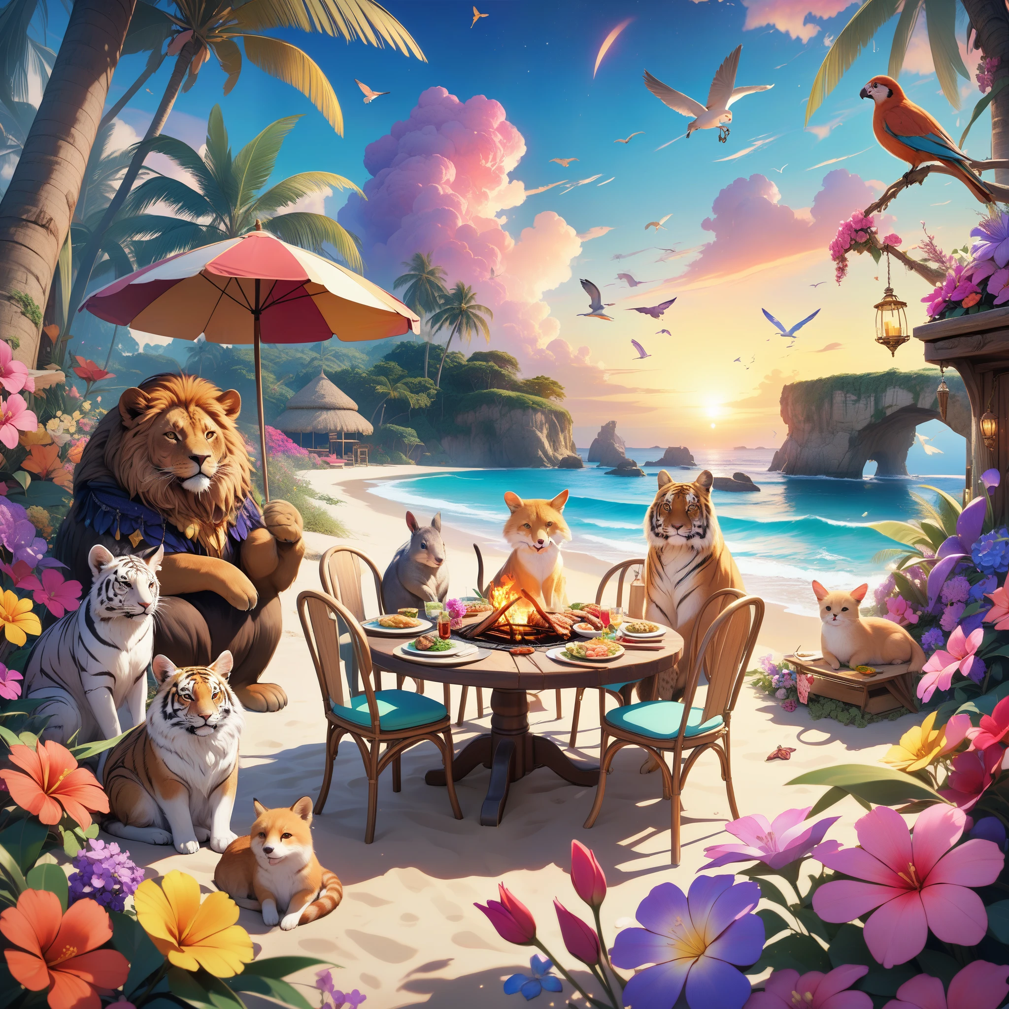 beautiful, aesthetic, 8k artistic photography, intricate details, masterpiece, best quality, magical beach where animals gather for a barbecue party. Illustrate a group of animals, each with unique personalities, enjoying a delightful barbecue amidst vibrant flowers and mystical surroundings. Infuse the scene with a sense of charm fantasy