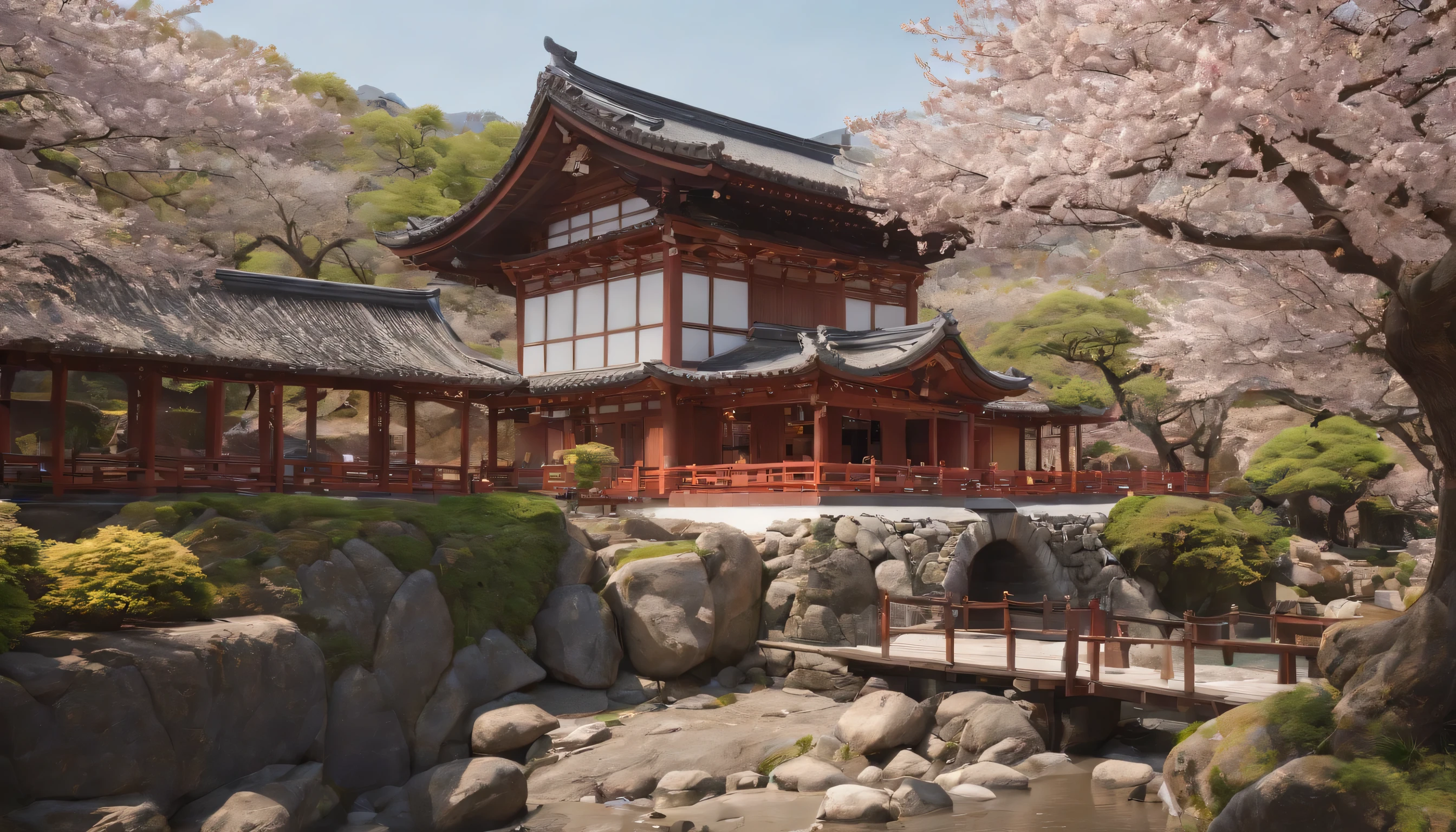 (Highly detailed CG Unity 8k wallpaper、masterpiece、highest quality、Super detailed)、(best lighting、best shadow、very delicate and beautiful)、highest quality、8k、Detailed facial depiction、masterpiece、highest quality、clear image quality、
View of cherry blossoms and traditional architecture from the garden of a long-established Japanese restaurant and teahouse in Kyoto。