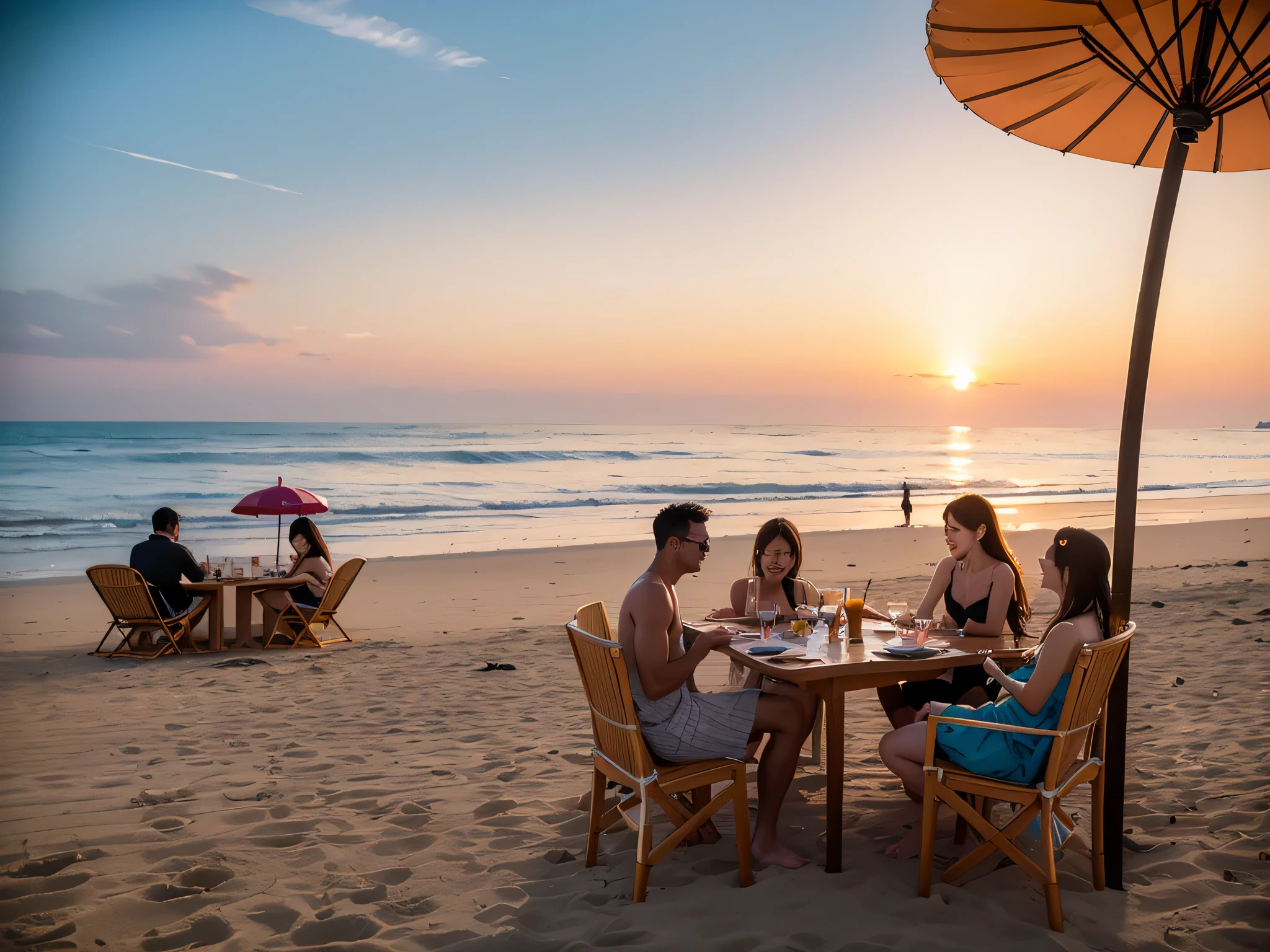 on the beach, ((beach )), A few men and a few women partying on the beach,dining table,Dining chairs,parasol,carnival,happy,在on the beach跳舞,Sunset,