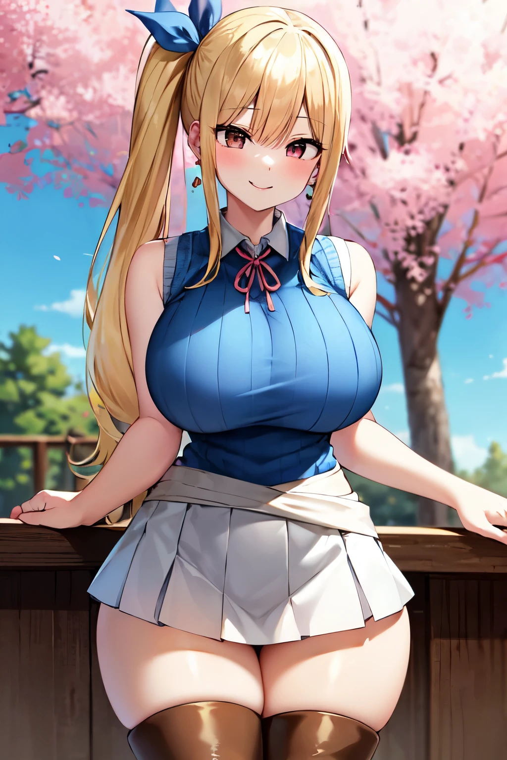 masterpiece, highest quality, High resolution, lucy heartfilia, blonde hair, long hair, side ponytail, blue ribbon, big and full breasts, earrings, (Perfect beautiful pink sleeveless knit:1.4)、thigh boots, white skirt, smile, outdoors, cowboy shot, High contrast shiny oily skin,, huge long breasts, naughty big、((big breasts emphasis))、naughty thighs、H cup、alone,(slender:1.4),(thin waist:1.4)