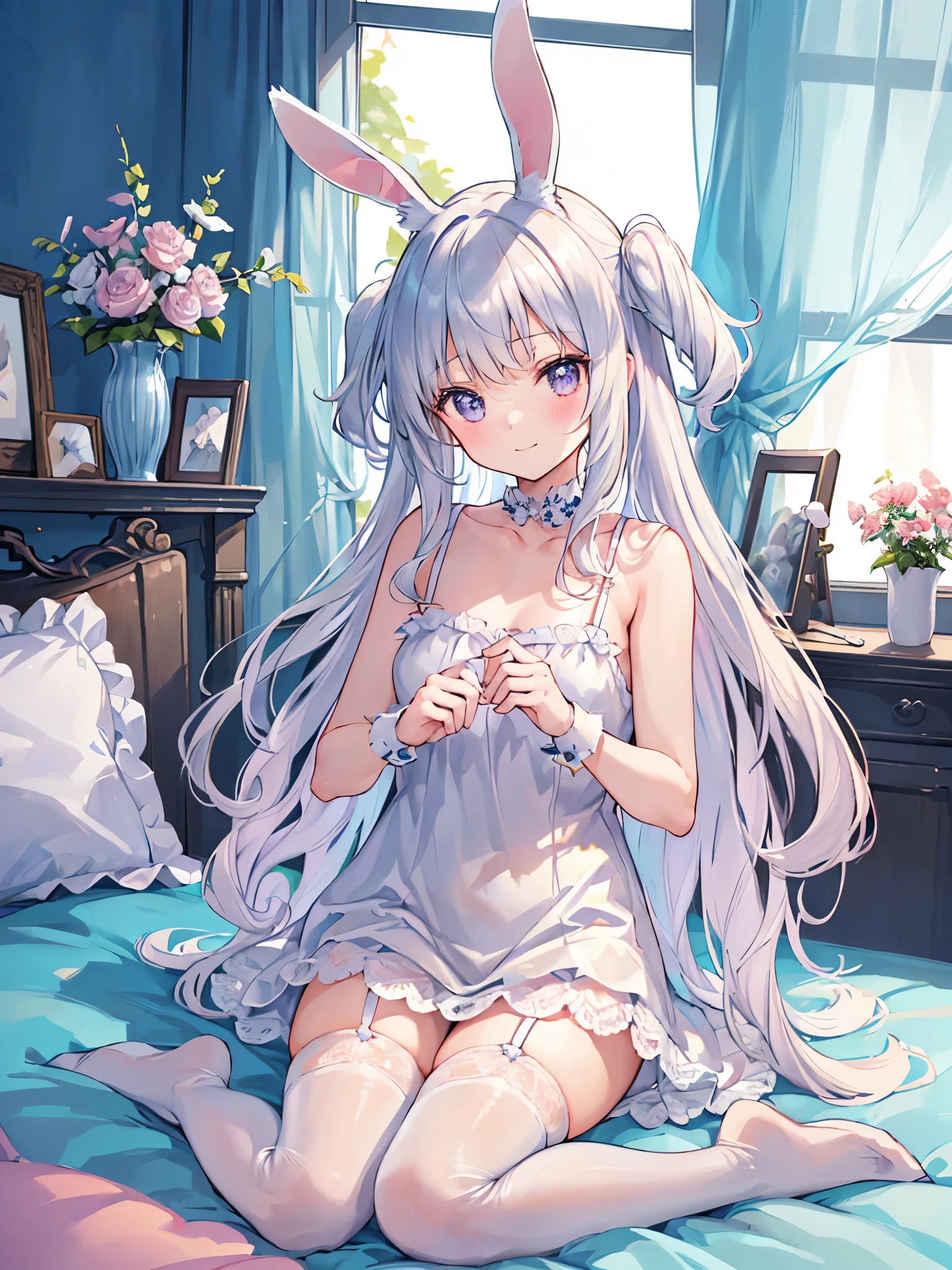 absurd,(masterpiece、highest quality、8k ),intricate details,super detailed,soft focus、((One cute 10 year old beautiful girl:1.4)),(slight smile:1.2)、silver hair、bangs、long hairstyle、(Bunny ears、White Camisole Dress、white knee highs:1.3),on the bed、Cute stuffed rabbit、big white lace pillow、pink curtains、bay window、flowers in a vase、surreal,perfect anatomy
