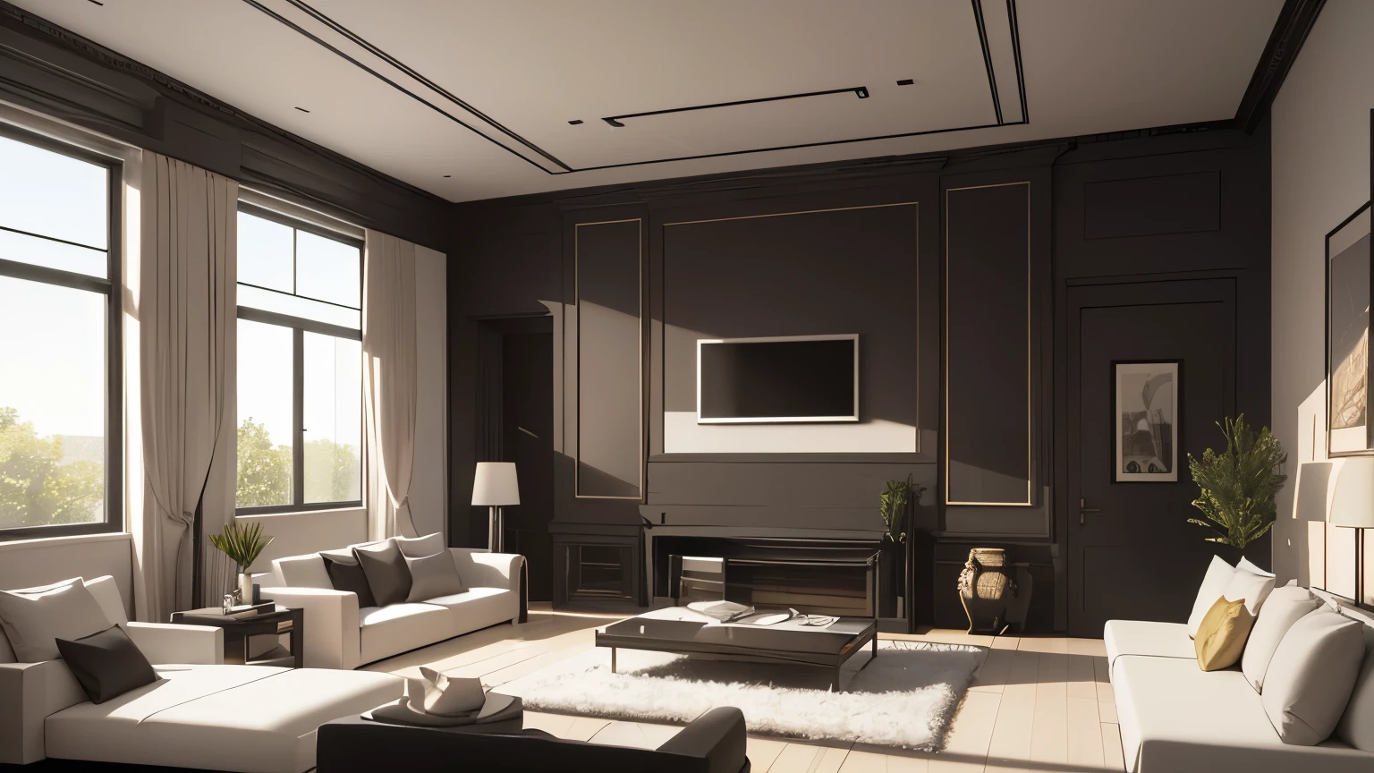 you are a famous interior designer、I was asked to create a 3D image of a large modern room.。. Create a harmonious environment with modern and minimalist furniture. Including garden interior.