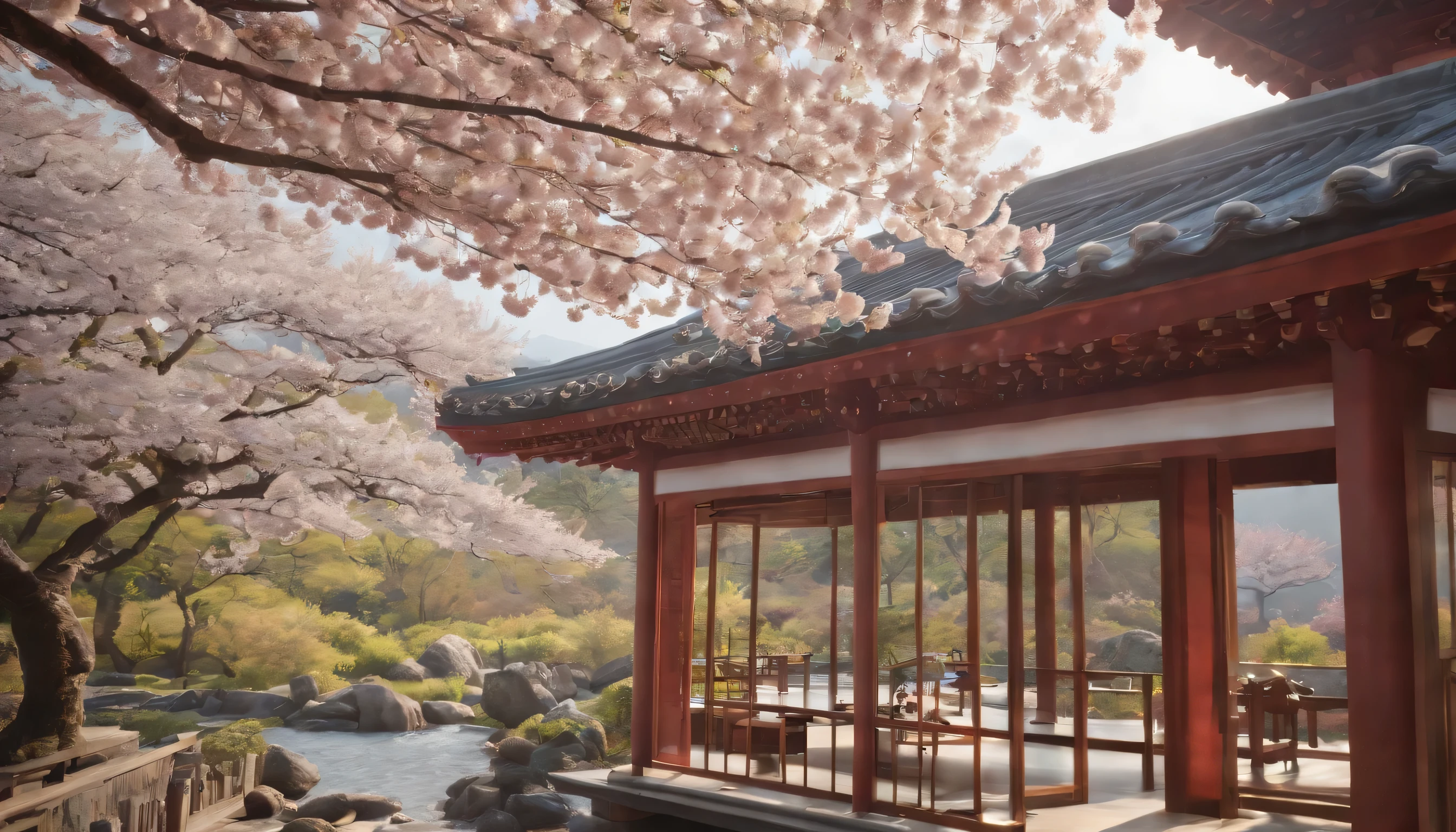 (Highly detailed CG Unity 8k wallpaper、masterpiece、highest quality、Super detailed)、(best lighting、best shadow、very delicate and beautiful)、highest quality、8k、Detailed facial depiction、masterpiece、highest quality、clear image quality、
View of cherry blossoms and traditional architecture from the garden of a long-established Japanese restaurant and teahouse in Kyoto。