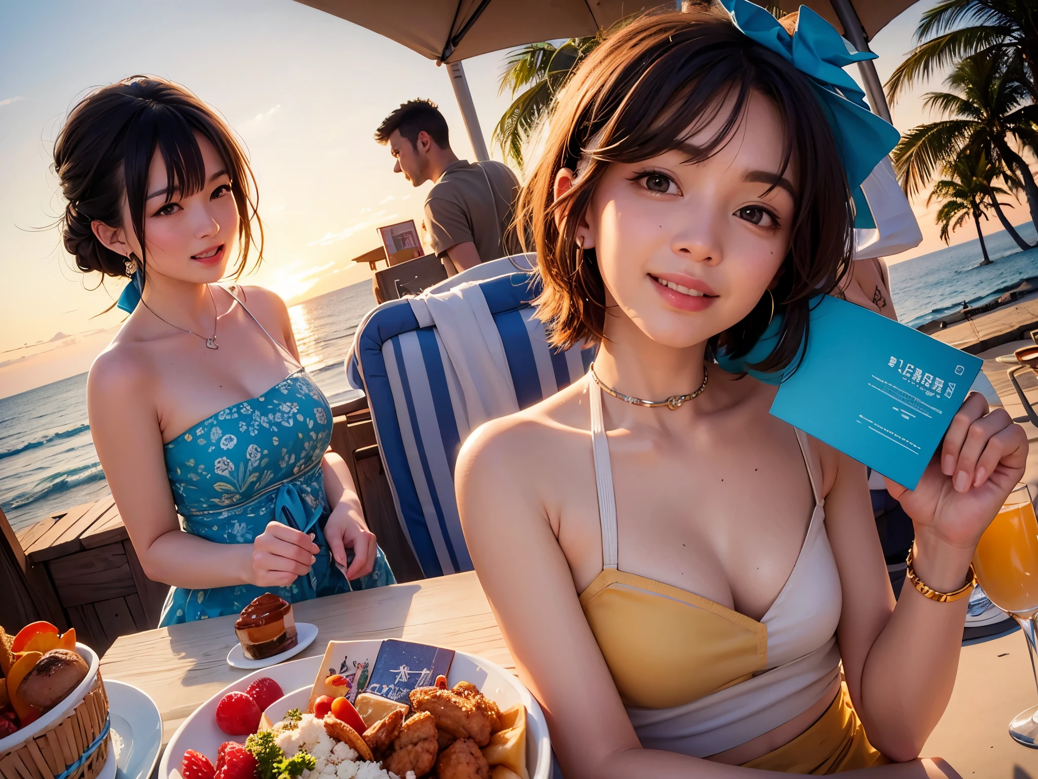 on the beach, ((beach )), A few men and a few women partying on the beach，dining table，Dining chairs，parasol，carnival，happy，在on the beach跳舞,sunset,