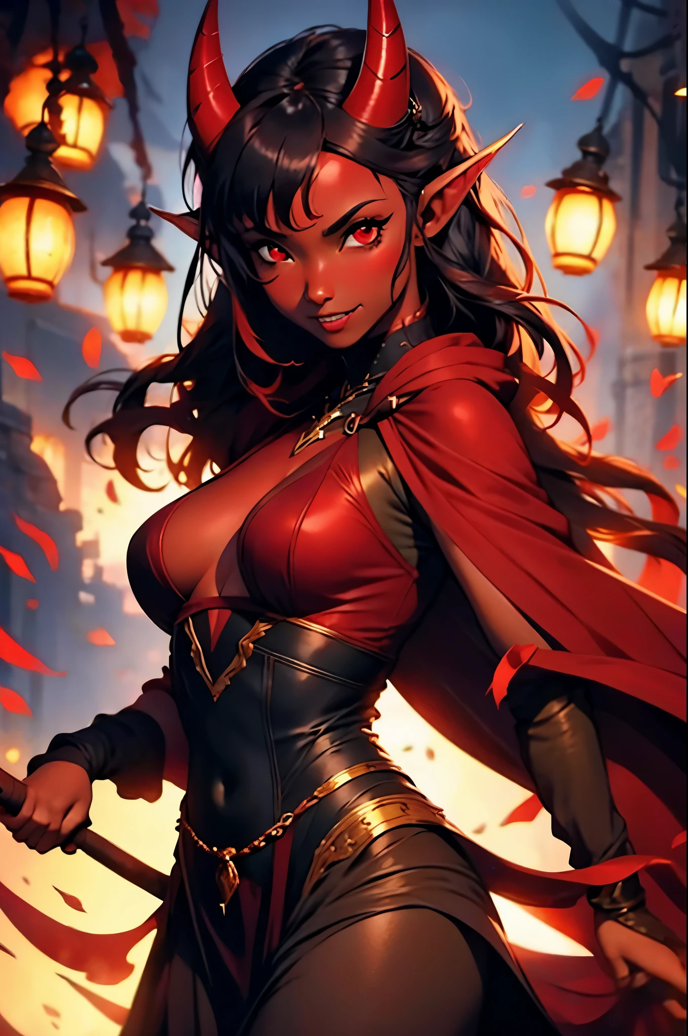 1 mature girl, solo red-skinned girl, red skin, black hair, long black hair with curtain bangs, sharp teeth, elf ears, red eyes, horns on forehead, oni horns, 8k, highdef, ultrares