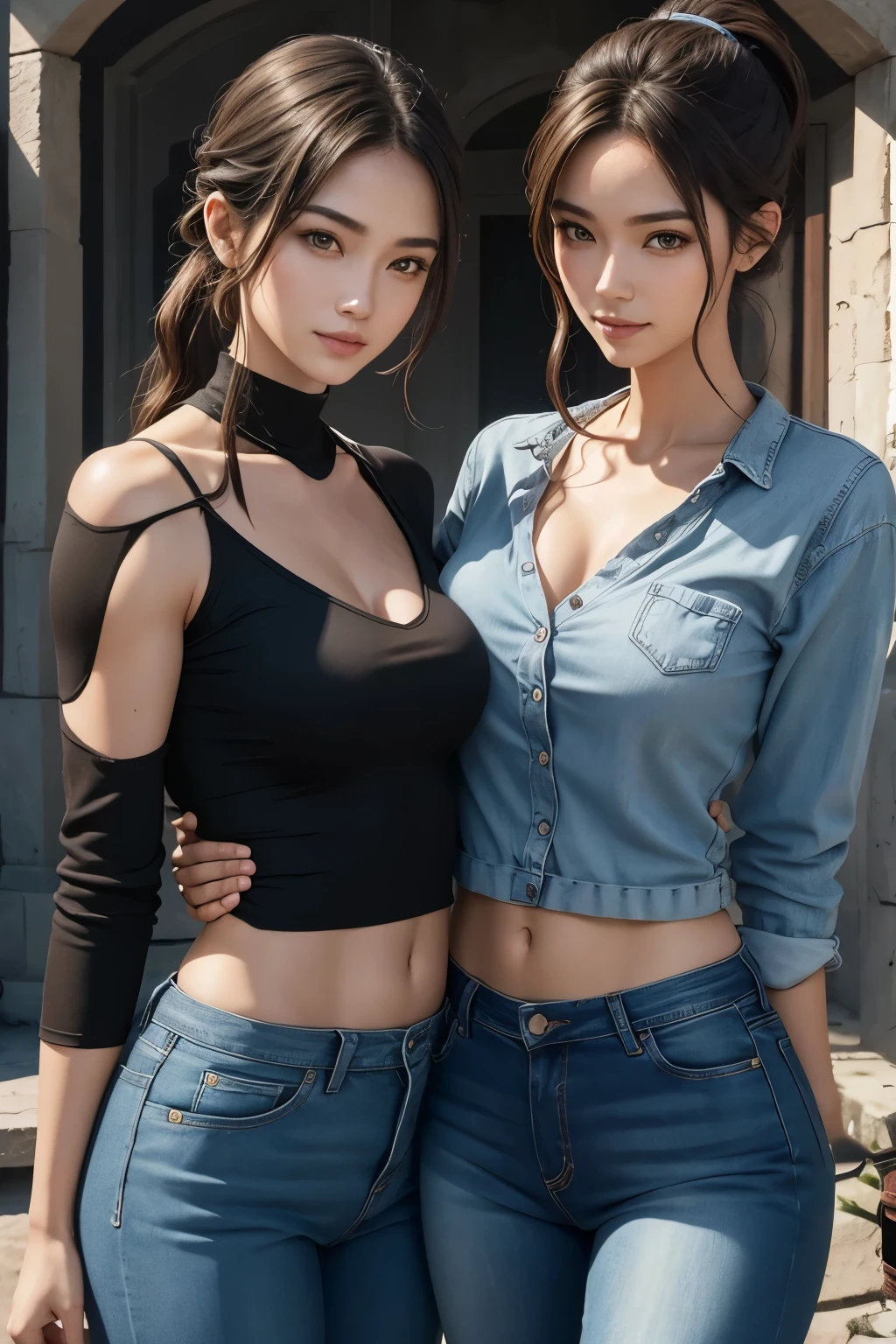 8K,twin sisters,super beautiful(like the real thing),My sister is cool, short, and has very big breasts..,lean muscular body,sexy,clear eyes,black eye,cool smile,black long perm,black jeans,compensate,super realistic skin,my sister is tall and muscular、 ., muscular slim body,severely cracked abs,Big eyes,black eye,light brown hair ponytail,派手なcompensate,blue jeans,A bold smile,masterpiece,Photorealistic RAW photos of the highest quality。bright colors,rich colors, Backlight, cinematic lighting, film grain, to be born, 50MM lens, Nikon D850,detailed character art,fantasy art,ultra high resolution,super realistic skin,perfect hand shape,In front of an abandoned temple,beautiful expression,close,beautiful sisters(like the real thing),compensate,ダイナミックなsexyポーズ,My sister is wearing a denim jacket,My tall sister has very small breasts.,