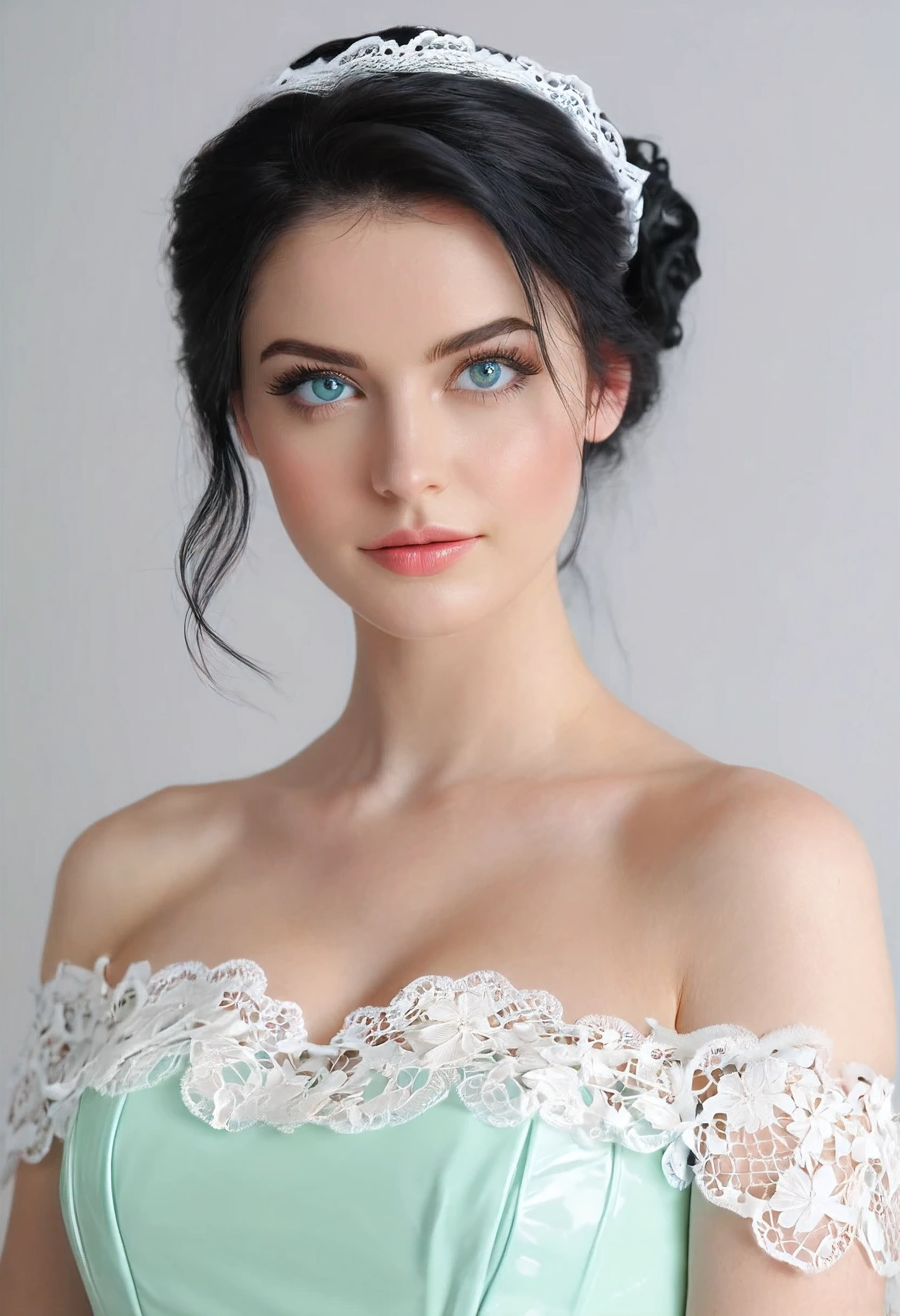 woman, beautiful顔, perfection face, blue eye fully black hair, pale white skin, small smile, sexy, perfection, Face zoom in, Take the photo close to your face against a completely white background wall, emerald, 最high quality, detailed, Canon EOS 80D Photo, Tall face,saran wrap 128,000人のwomanモデル, huge breasts, eye, ((random short hairstyles)), High resolution, Upper body, no background, studio lightning, ((8k,Hmm,latex (realistic:1.2),masterpiece, masterpiece,最high quality1beautiful girl, 非常にdetailedなeyeと顔, realistic, 非常にdetailedな CG 統合 8k 壁紙, 非常にdetailedな, High-definition RAW color photo, professional photos, realistic portrait, cinematic light, beautiful, blush, embarrassing, (realistic skin:1.2), (最high quality:1.4), 超detailed, high quality, (Cute off-the-shoulder race maid latex costume:1.6), frills, race, indoor, (((Bokeh))), Depth of the bounds written, view from below,alone,Elafreya