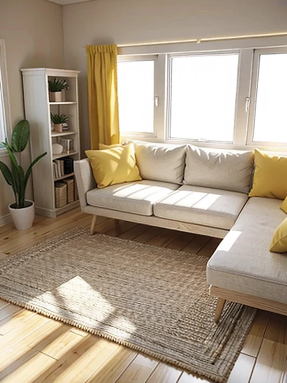 Extremely detailed dollhouse, cozy bedRoom, Cute 3d rendering, Charming light and shadow, White and yellow cushions, architecture, furniture, indoors, building, living Room, Room, rug, plant, home decoration, sofa, Chair, Interior design  