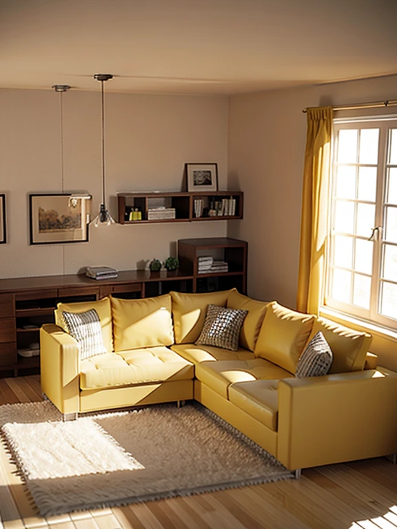 Extremely detailed dollhouse, cozy bedRoom, Cute 3d rendering, Charming light and shadow, White and yellow cushions, architecture, furniture, indoors, building, living Room, Room, rug, plant, home decoration, sofa, Chair, Interior design  