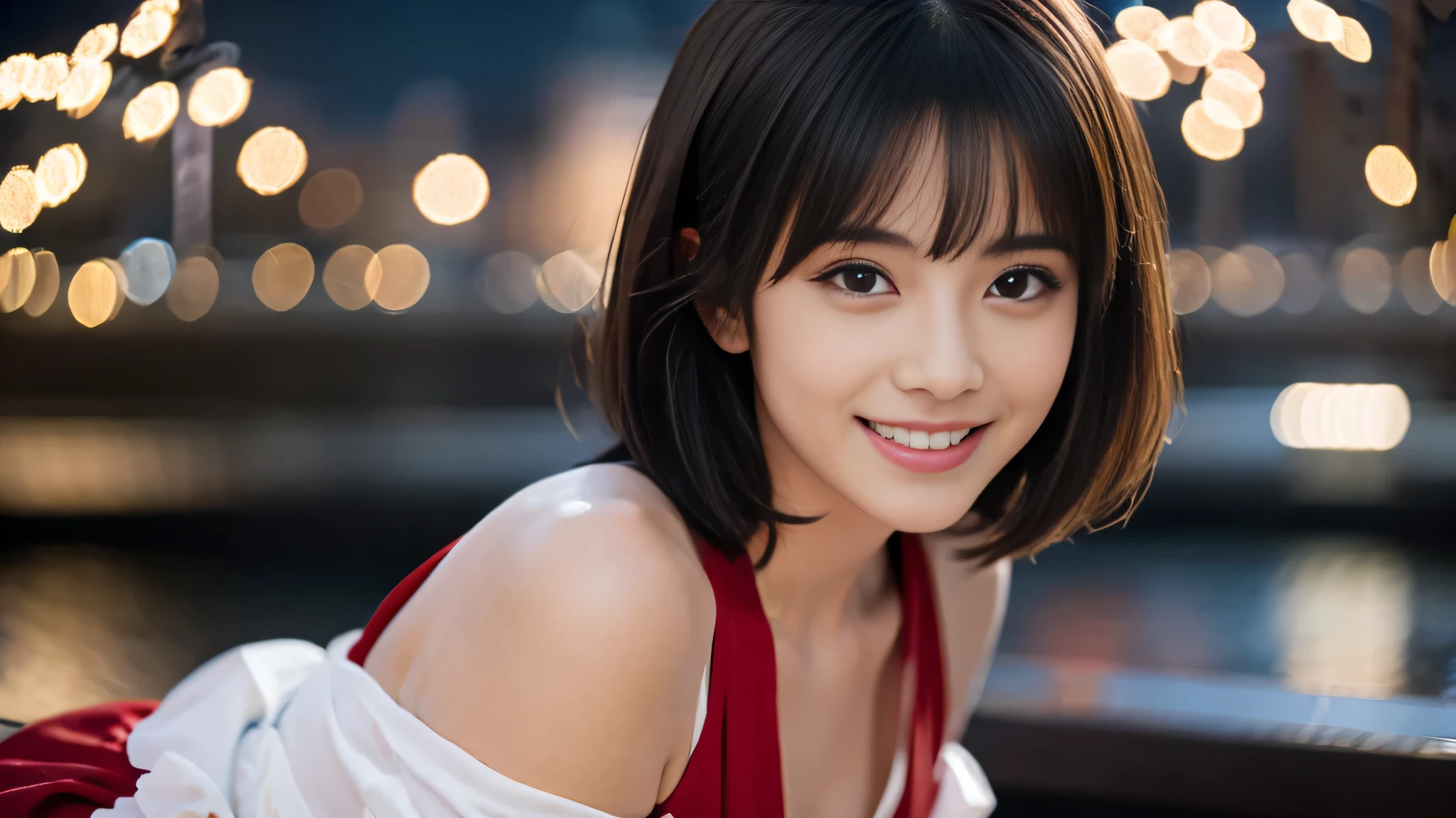 A sparkling Christmas night、sacred costume、provocative smile、short hair、beautiful japanese actress、sakimichan、cinematic light, realistic, masterpiece, highest quality, complex CG,highly detailed face,high detail eyes,