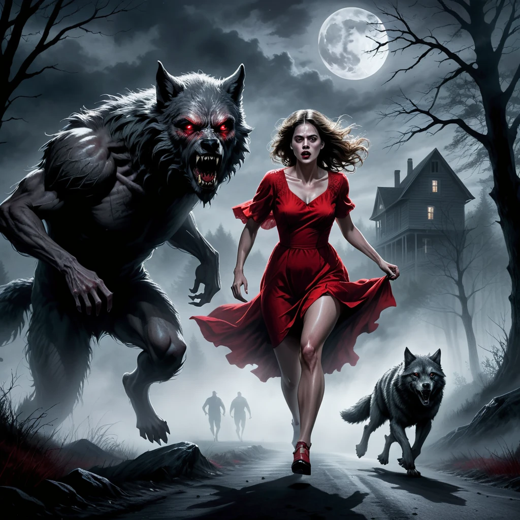 digital drawing, horror movie scene of a beautiful woman in a red dress being stalked in the dark by an wolfman, spooky, terrifying, dark ambiance, misty, 8k, high quality, gray wolfman in the background, intensity, woman looking behind her, running, moonlight