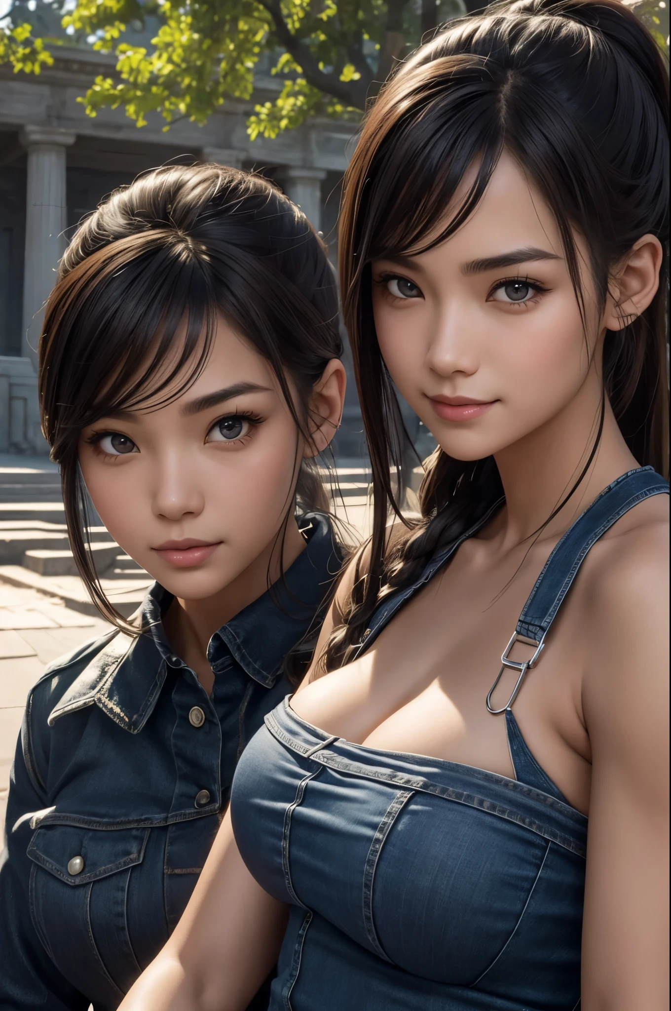 8k,twin sisters,super beautiful(like the real thing),My older sister is cool and short and has very big breasts.,lean muscular body,sexy,clear eyes,black eye,cool smile,black long perm,black jeans,compensate,super realistic skin,My sister is tall and muscular with a small chest., muscular slim body,Severely cracked abdominal muscles,Big eyes,black eye,light brown hair ponytail,派手なcompensate,blue jeans,A bold smile,masterpiece,Photorealistic RAW photos of the highest quality。bright colors,rich colors, Backlight, cinematic lighting, film grain, to be born, 50mm lens, Nikon D850,detailed character art,fantasy art,ultra high resolution,super realistic skin,perfect hand shape,In front of an abandoned temple,beautiful expression,Close-up,beautiful sisters(like the real thing),Makeup,