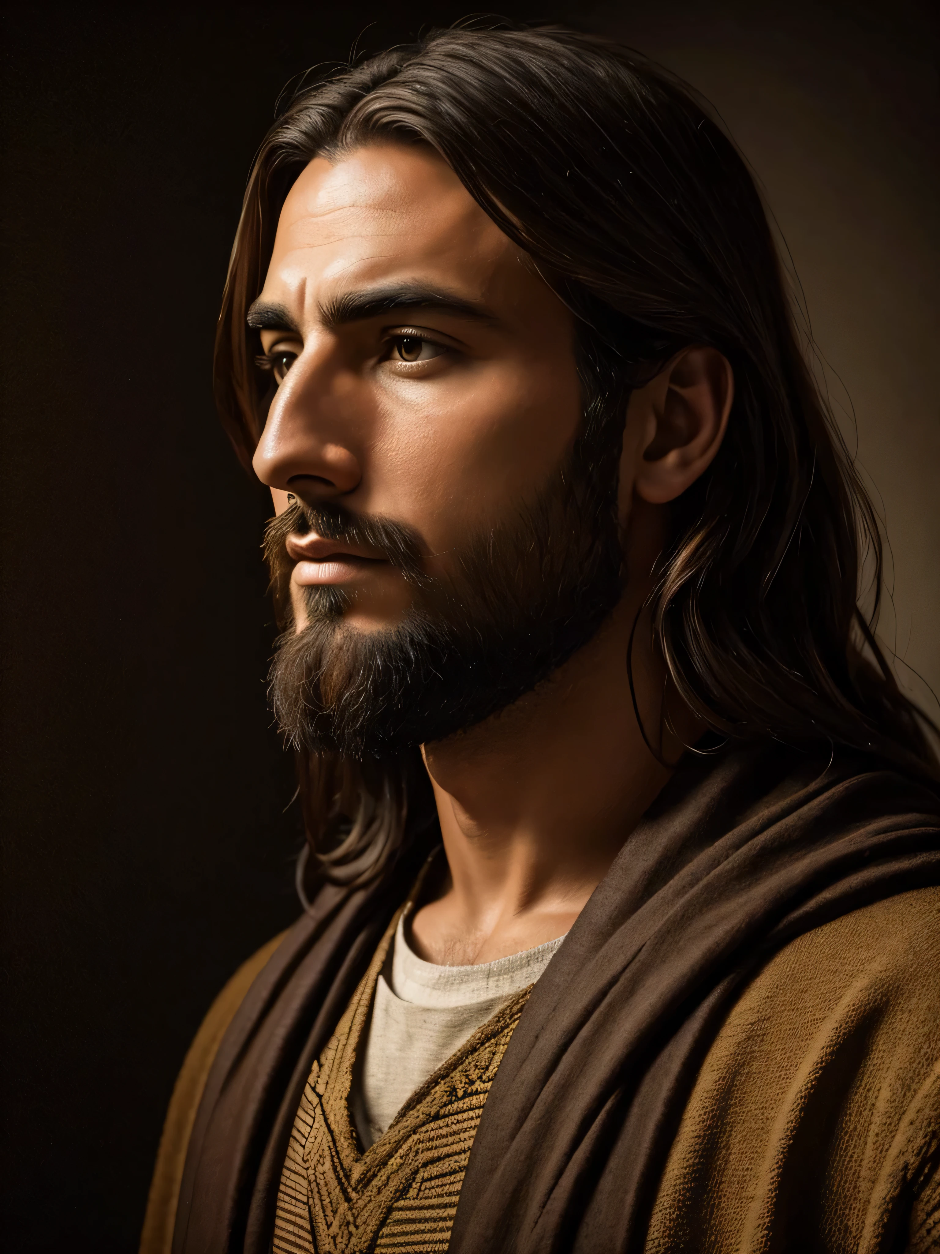 The face of Jesus in profile, with the countenance of a wise man, on a dark background, dramatic light, photorealistic image, photo, 8k, realism