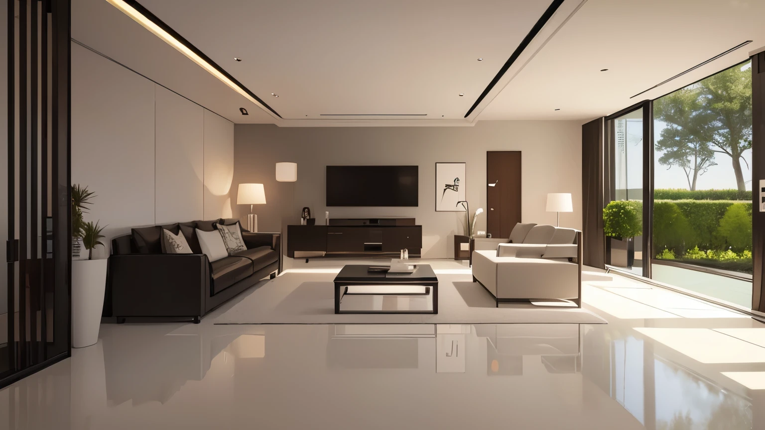 you are a famous interior designer、I was asked to create a 3D image of a large modern room.。. Create a harmonious environment with modern and minimalist furniture. Including garden interior.