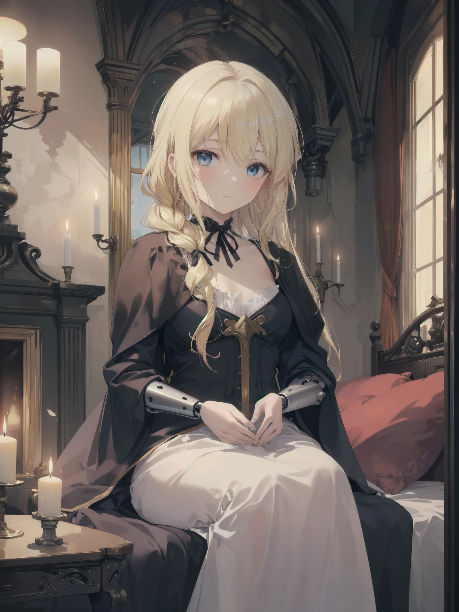 (masterpiece, best quality), (absurdres absolutely resolution), (8k), (detailed beautiful face and eyes), (detailed illustration), (super fine illustration), (vibrant colors), (professional lighting), nice hands, perfect hands, BREAK
cinematic angle, dutch angle, (close-up, Medieval Europe, sitting bed:1.3), BREAK
(in violet evergarden style), 1girl, solo, (blonde long straight hair:1.6), blue eyes, porcelain skin, shiny hair, (big eyes:1.2), (Simple mechanical prosthesis:1.3), BREAK
expressionlesaxi-length long-sleeved linen beige negligee, neckline ribbon:1.4), BREAK
(night:1.3), indoors, (Heidelberg, Europe in 1920), (Old western rooms, canopy bed, furniture, Fireplace, Candle), (magnificent view), (cinematic shadows, cinematic lighting), (bokeh),