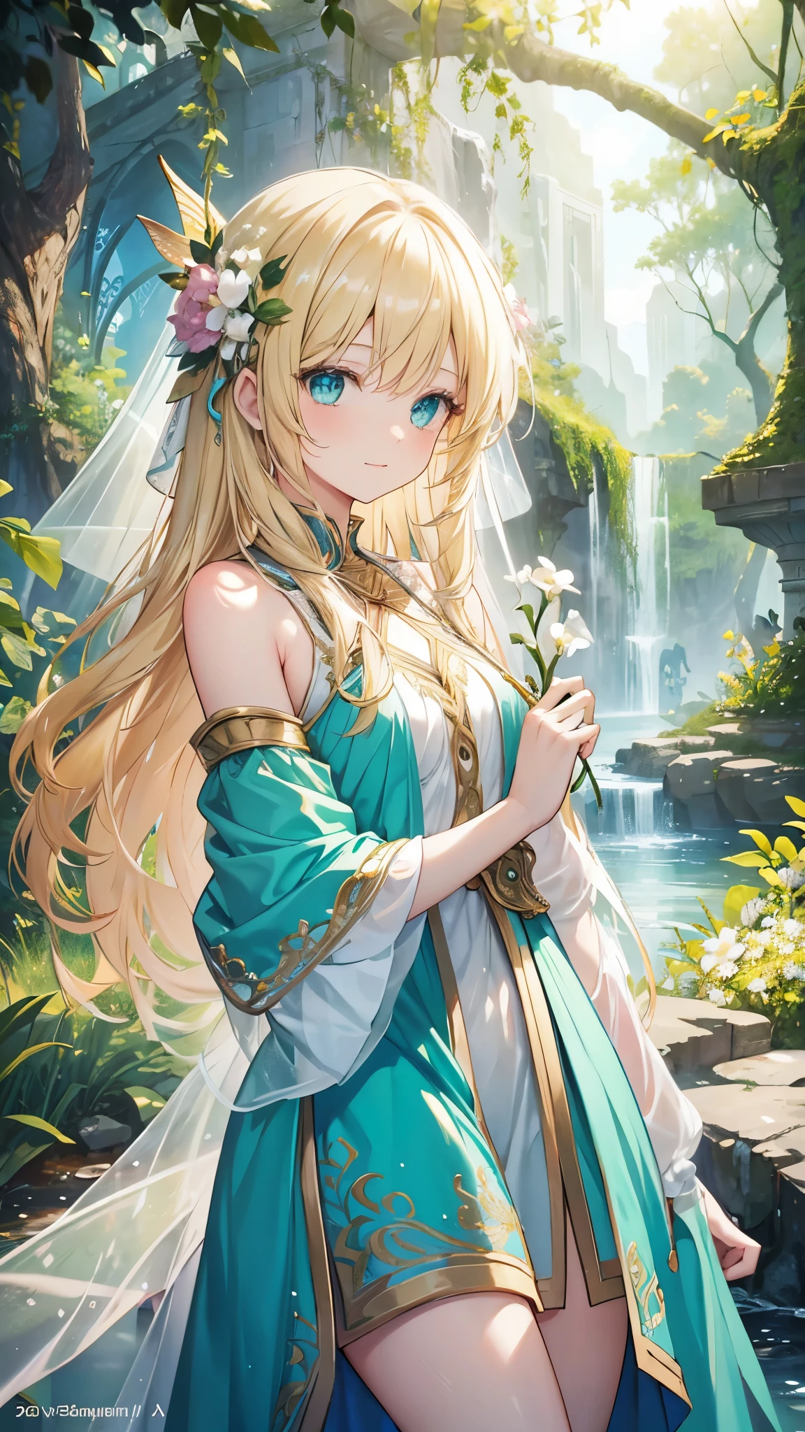 (masterpiece) 8K resolution, fairy queen, titania, The beauty of playing with fairies, long blonde hair with flower decoration, hazel eyes, turquoise eyes, soft smile, model style, fantasy style,