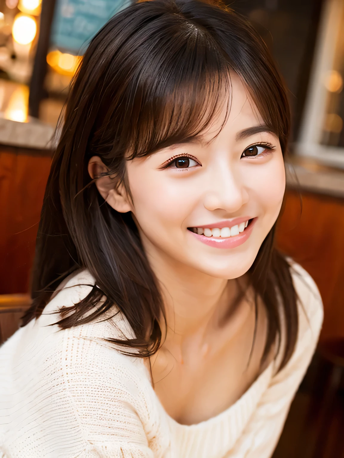 japanese mature, one girl photo, slender body shape, realistic teeth, double eyelid, smile, whole body, masterpiece, highest quality, become familiar with, big breasts、beauty, restaurant、random color sweater