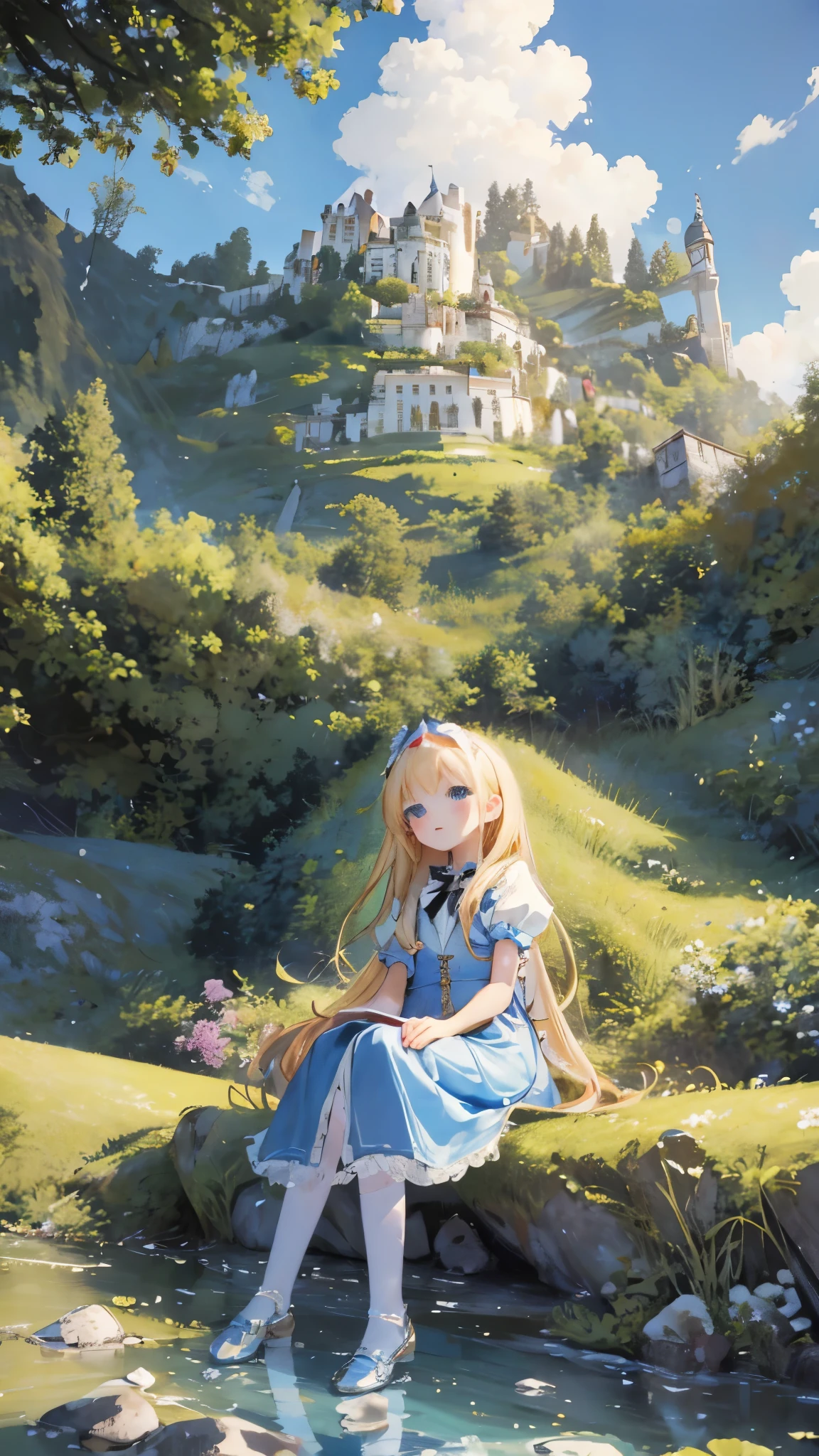 High resolution, (An illustration: 1.3), anime、((highest quality)), (Super detailed), (beautiful), ((peaceful countryside scenery、sitting on a stone bench and sunbathing:1.3)), alone,(8-year-old:1.4)、cute face、(alice in wonderland costume:1.4),white and transparent skin、(blue ribbon on head:1.3)、Shiny pale colorful blonde long hair,overjoyed face、(low position、from below:1.3)