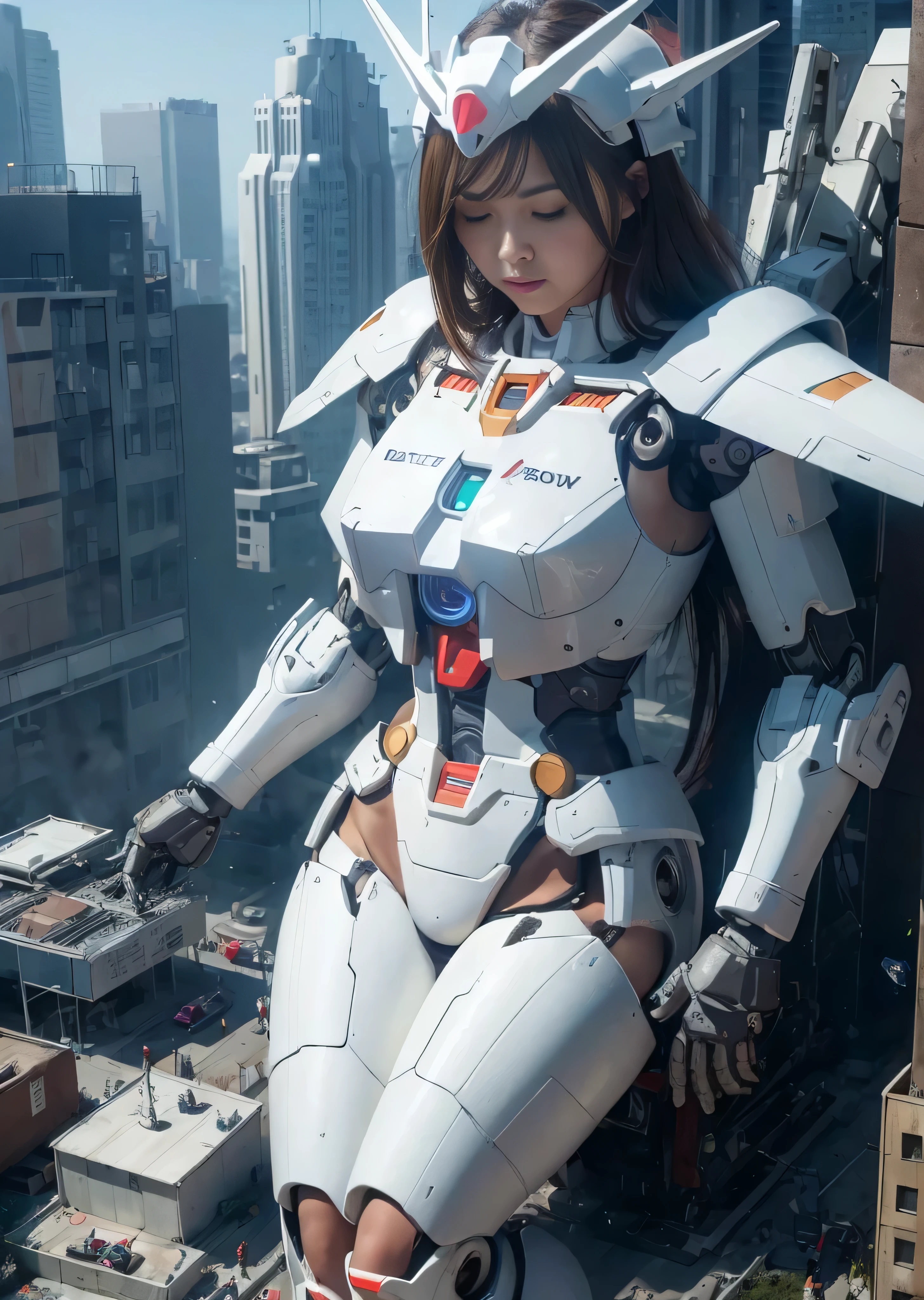 (((RAW image quality:1.4))), ((A giant mechanical woman much bigger than a skyscraper:1.4)), , beautiful顔, rough skin, Super detailed, advanced details, high quality, 最high quality, High resolution, 1080p, hard disk, beautiful,((White Gundam:1.4)),beautiful almost,He is wearing Gundam-like white parts.,mechanical joint, Machine arms and legs, Mechanical parts that protect the bust top, cleavage, mechanically protected groin, Excluding bust top and crotch, Raw skin is exposed., almost naked, perfect proportions, (Brown hair fluttering in the wind), beautiful青い目, full body shot, very small metropolis。Squat in a miniature metropolis just a few feet tall, stomping city,crash city,small town,micro city, small cars and trains, Configuration from above, deep blue sky, Metal pants that dig into the crotch,