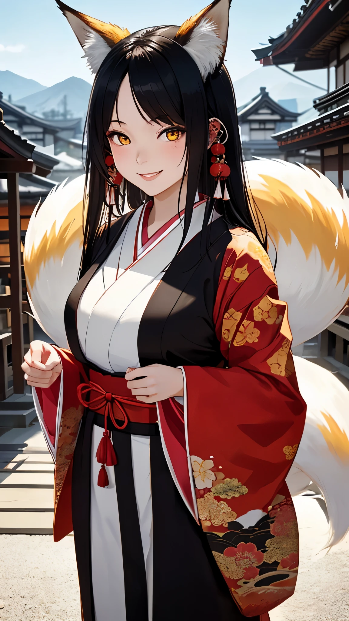 (masterpiece, best_quality, ultra-detailed, immaculate:1.3), portrait, upper body, detailed face, detailed hands, ((1girl:1.35)), epic, ((kitsune, (9 tail fox), foxgirl, japanese spirit)), cute beautiful ideal japanese girl, ((beautiful red kimono)), priestess of love, priestess of passion, ((walking pose)), ((smiling face expression)), Curvy body, long straight black hair, yellow eyes, ((Japanese medieval village background))