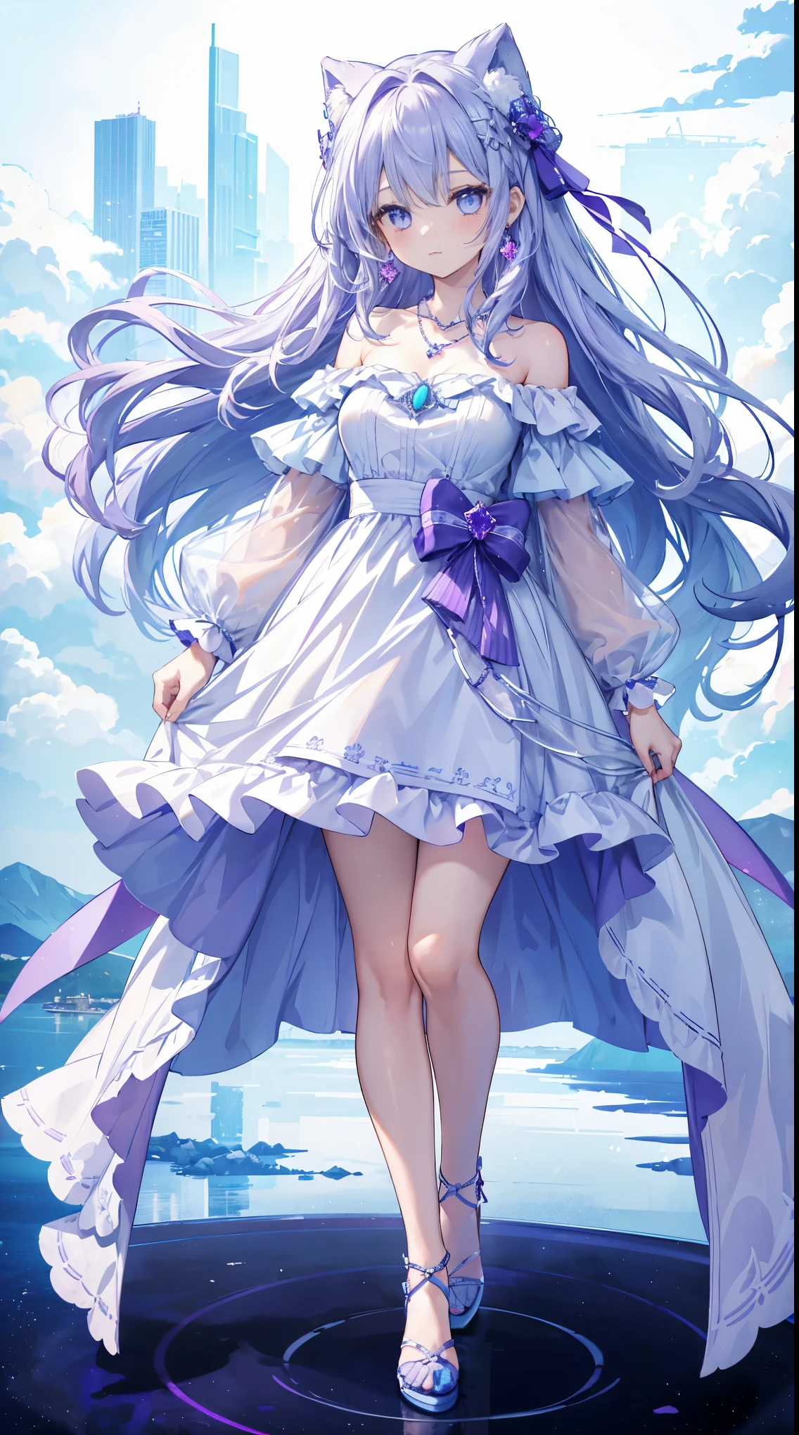 1 girl in, ((full body:1.2)) ((Standing picture)), Beautiful girl Light purple to light blue gradation Natural perm Long hair Fluffy hair Light blue eyes Light purple off-the-shoulder dress Earrings with purple jewels、Cute necklace riding on a cloud , high-level image quality, hightquality, Masterpiece