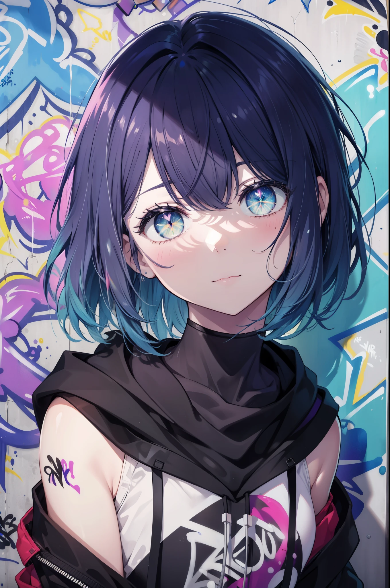 akanekurokawa, Akane Kurokawa, aqua eye, blue hair, medium hair, side lock,black hoodie,wearing a hood,denim shorts, choker, (graffiti:1.5), paint splatters, turn your arms behind your back, towards the wall, looking at the viewer, thigh strap, head tilt, was bored, blow bubble gum, pink bubble gum,
壊す looking at viewer,
break outdoors, destroy the back alley (masterpiece:1.2), highest quality, High resolution, unity 8k wallpaper, (figure:0.8), (detailed and beautiful eyes:1.6), highly detailed face, perfect lighting, Very detailed CG, (perfect hands, perfect anatomy),