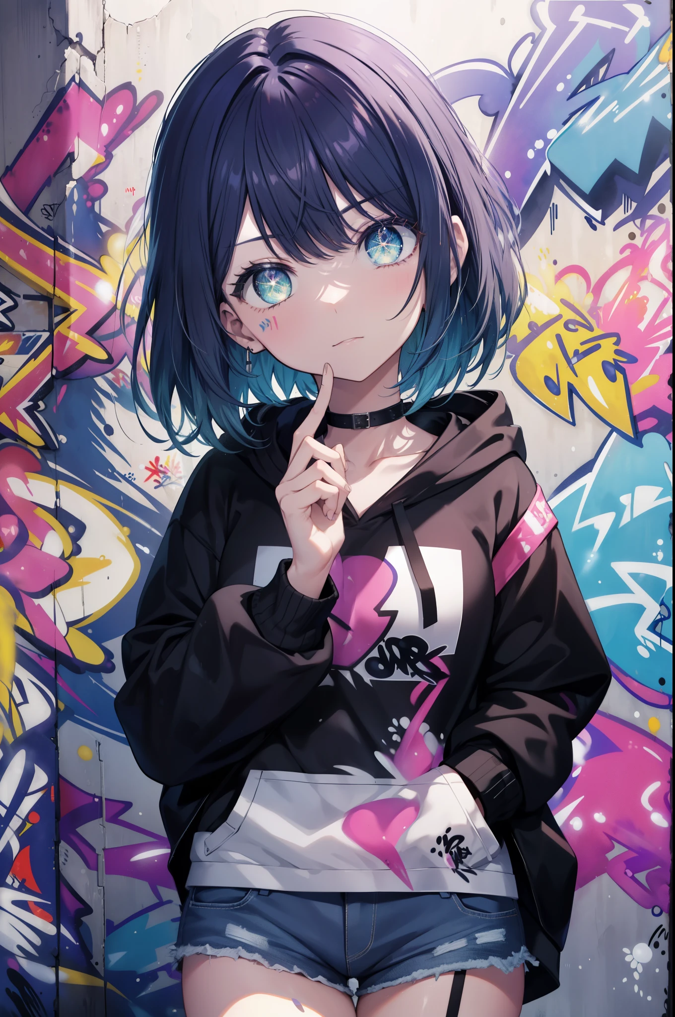 akanekurokawa, Akane Kurokawa, aqua eye, blue hair, medium hair, side lock,black hoodie,wearing a hood,denim shorts, choker, (graffiti:1.5), paint splatters, turn your arms behind your back, towards the wall, looking at the viewer, thigh strap, head tilt, was bored, blow bubble gum, pink bubble gum,
壊す looking at viewer,
break outdoors, destroy the back alley (masterpiece:1.2), highest quality, High resolution, unity 8k wallpaper, (figure:0.8), (detailed and beautiful eyes:1.6), highly detailed face, perfect lighting, Very detailed CG, (perfect hands, perfect anatomy),