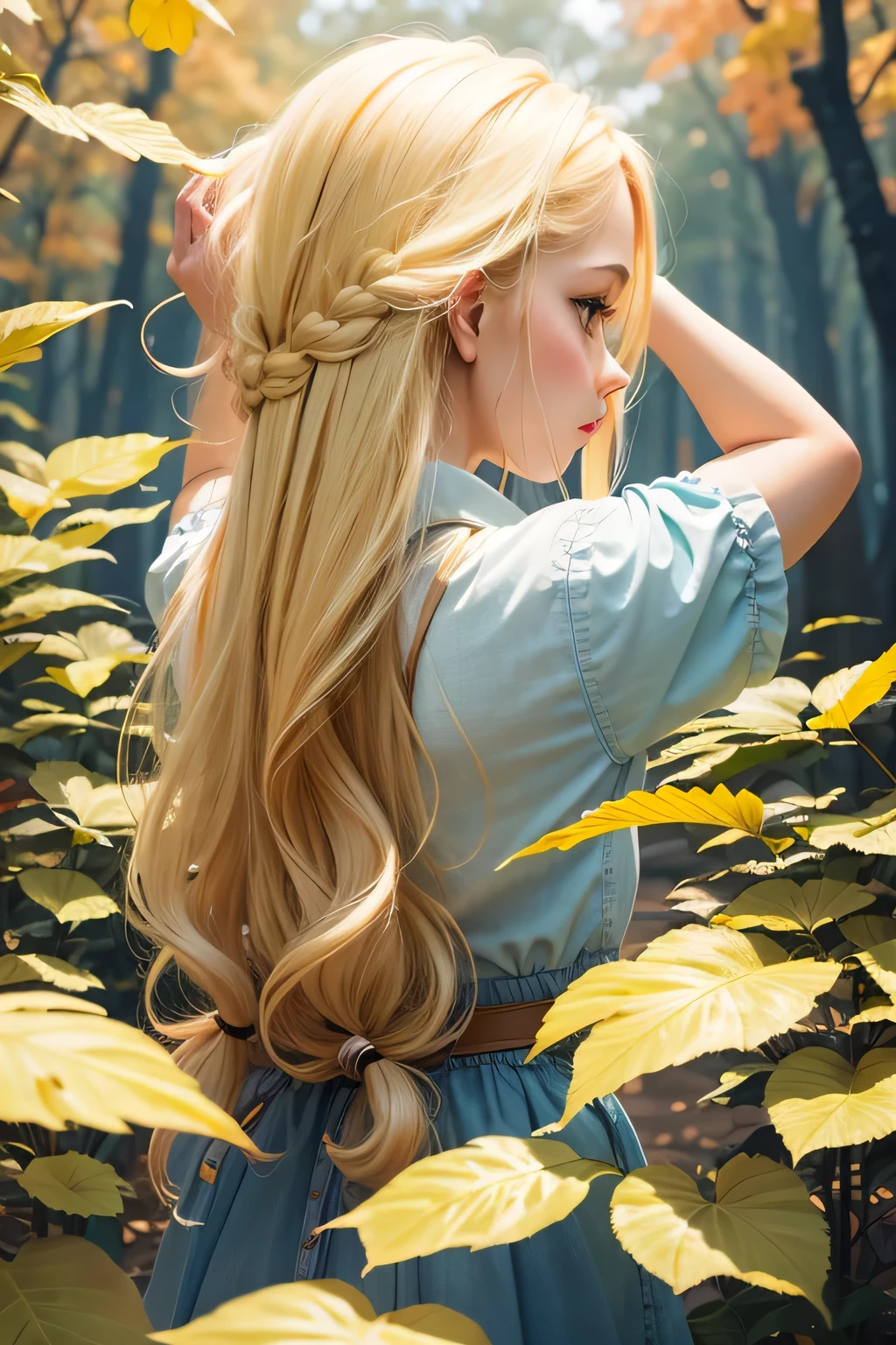 1girl, solo, standing, upper body, from behind, blonde hair, long hair,