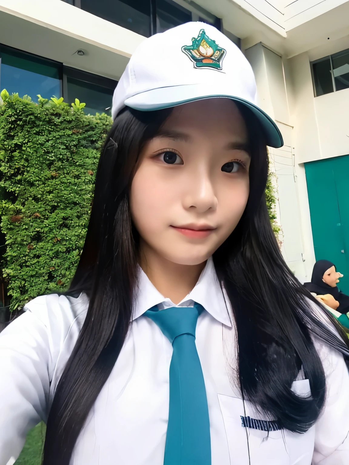 masterpiece, best quality, highres, female, 1girl, wearing indonesian high school uniform, selfie, close up, black long hair with front bang, white shirt, light blue tie, 17 yo,      green wall