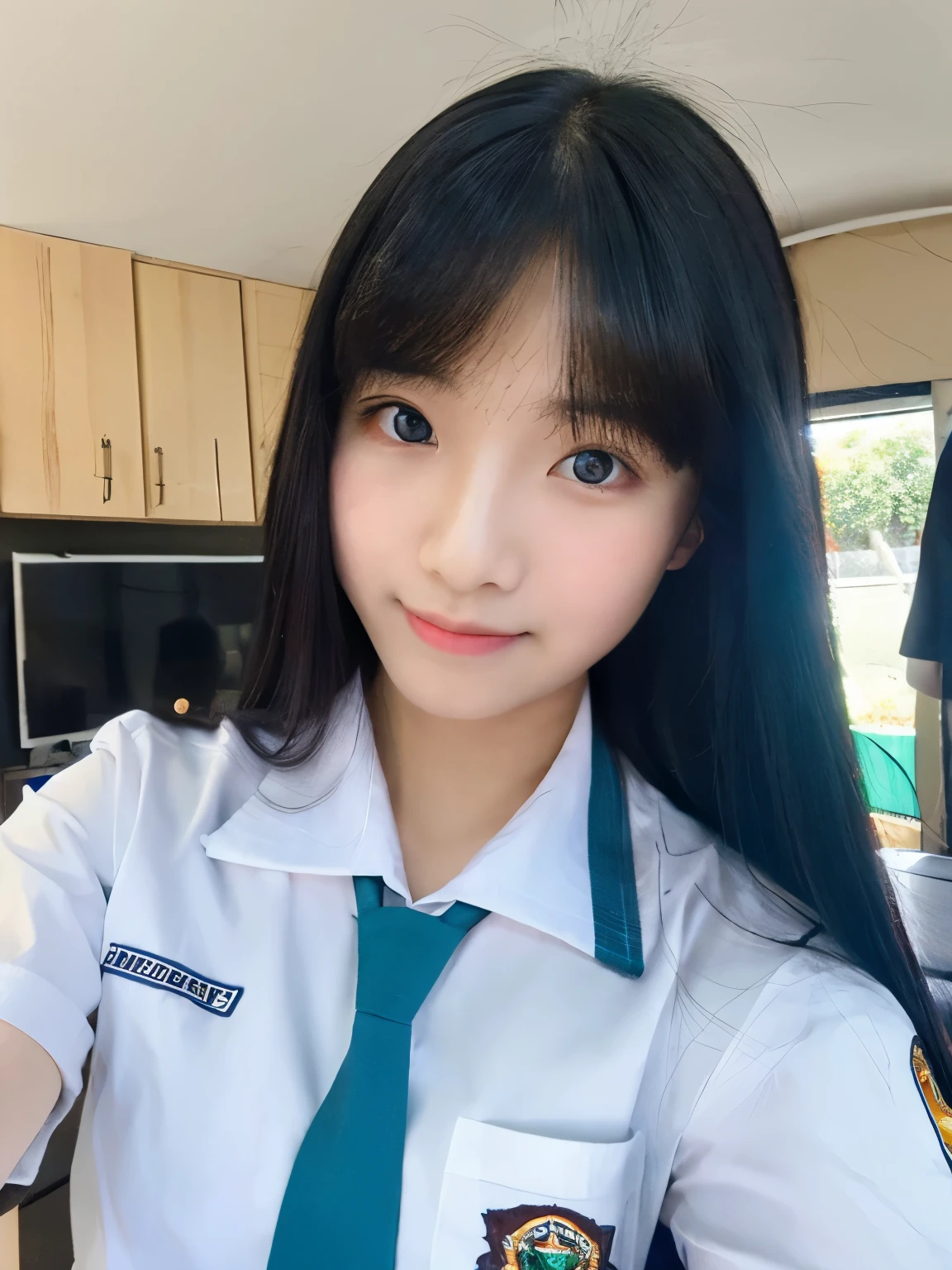 masterpiece, best quality, highres, female, 1girl, wearing indonesian high school uniform, selfie, close up, black long hair with front bang, white shirt, light blue tie, 17 yo,      green wall