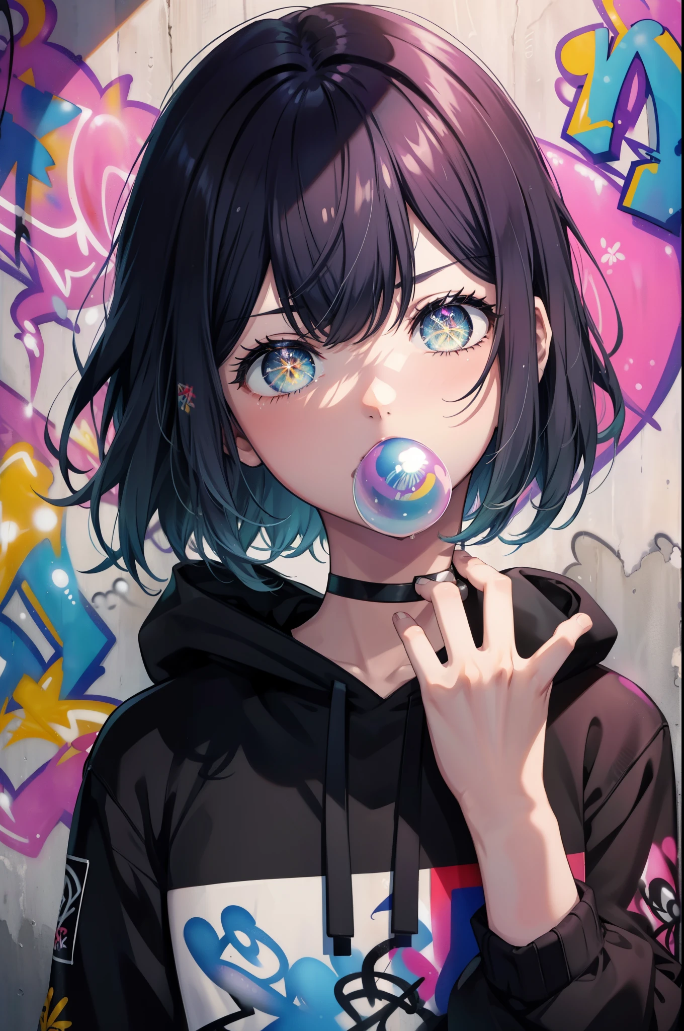 akanekurokawa, Akane Kurokawa, aqua eye, blue hair, medium hair, side lock,black hoodie,wearing a hood,denim shorts, choker, (graffiti:1.5), paint splatters, turn your arms behind your back, towards the wall, looking at the viewer, thigh strap, head tilt, was bored, blow bubble gum, pink bubble gum,
壊す looking at viewer,
break outdoors, destroy the back alley (masterpiece:1.2), highest quality, High resolution, unity 8k wallpaper, (figure:0.8), (detailed and beautiful eyes:1.6), highly detailed face, perfect lighting, Very detailed CG, (perfect hands, perfect anatomy),