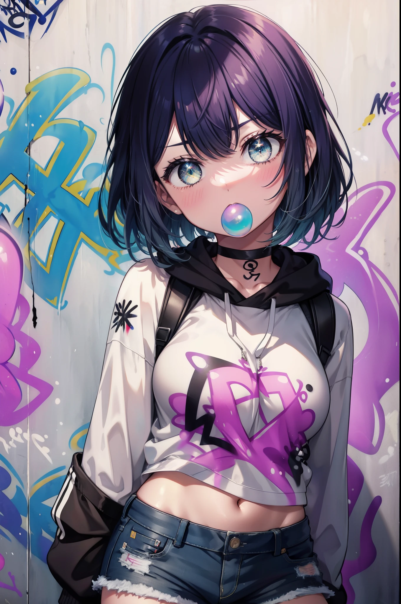 akanekurokawa, Akane Kurokawa, aqua eye, blue hair, medium hair, side lock,black hoodie,wearing a hood,denim shorts, choker, (graffiti:1.5), paint splatters, turn your arms behind your back, towards the wall, looking at the viewer, thigh strap, head tilt, was bored, blow bubble gum, pink bubble gum,
壊す looking at viewer,
break outdoors, destroy the back alley (masterpiece:1.2), highest quality, High resolution, unity 8k wallpaper, (figure:0.8), (detailed and beautiful eyes:1.6), highly detailed face, perfect lighting, Very detailed CG, (perfect hands, perfect anatomy),