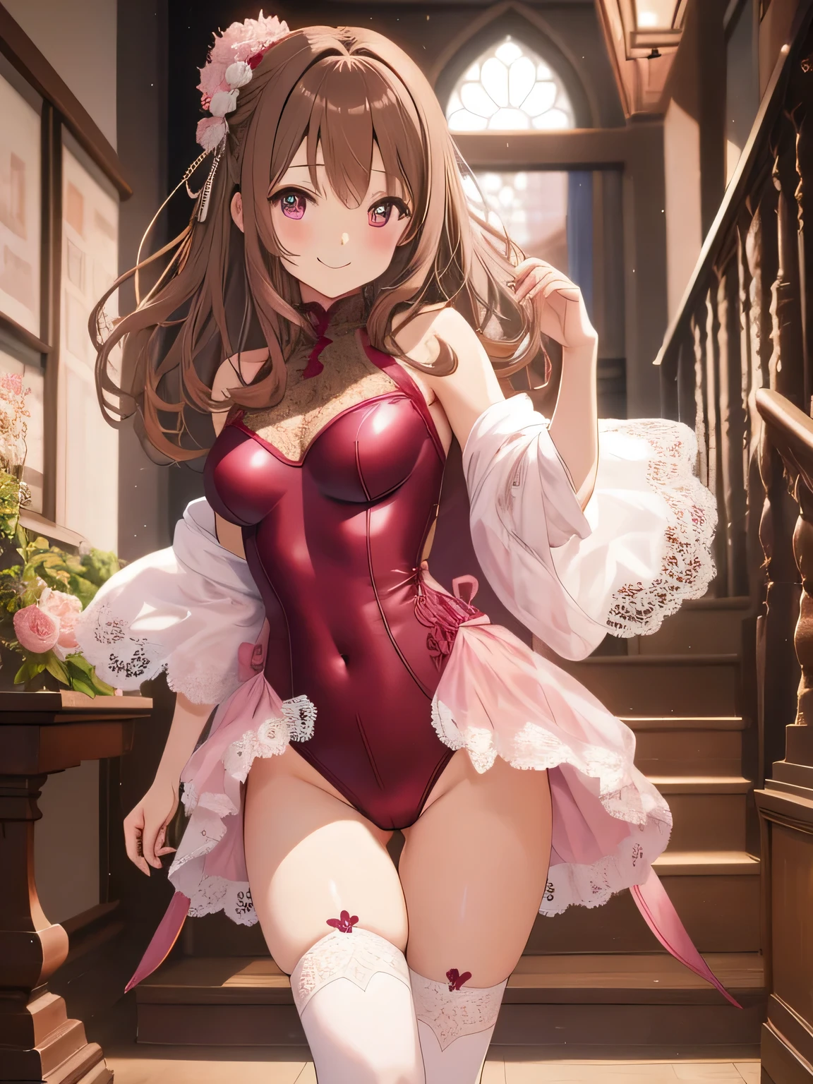best image quality、beautiful image quality、highest quality、light brown hair、maroon eyes、lace queen、pink leotard、(High leg)、Are standing、facing forward、smile